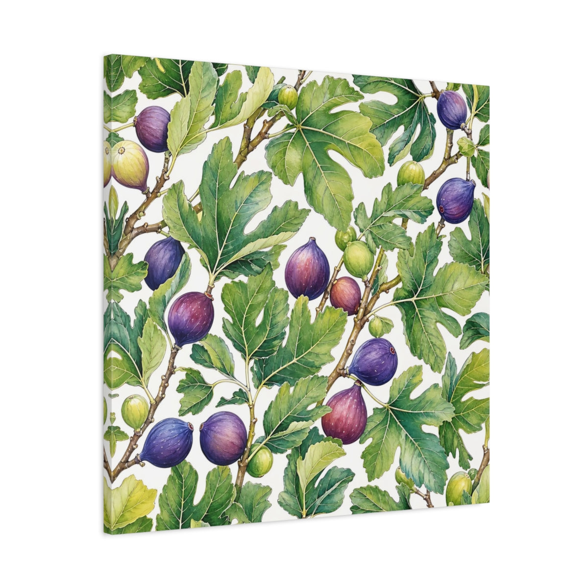 Side Mockup 3. Delicate Hand-Drawn Illustration Fig Leaves Near Whitewashed Wall shown as stretched canvas wall art