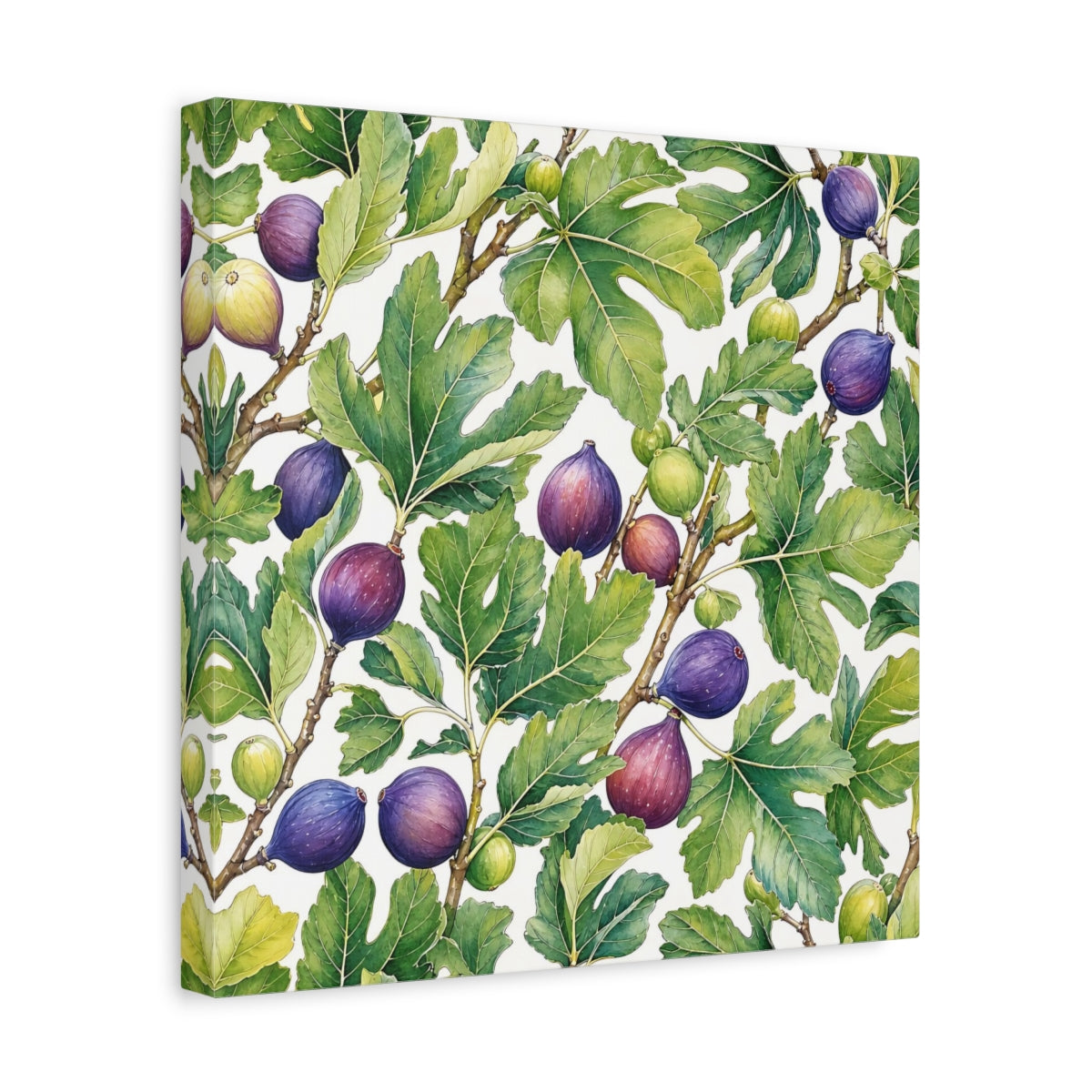 Side Mockup 7. Delicate Hand-Drawn Illustration Fig Leaves Near Whitewashed Wall shown as stretched canvas wall art