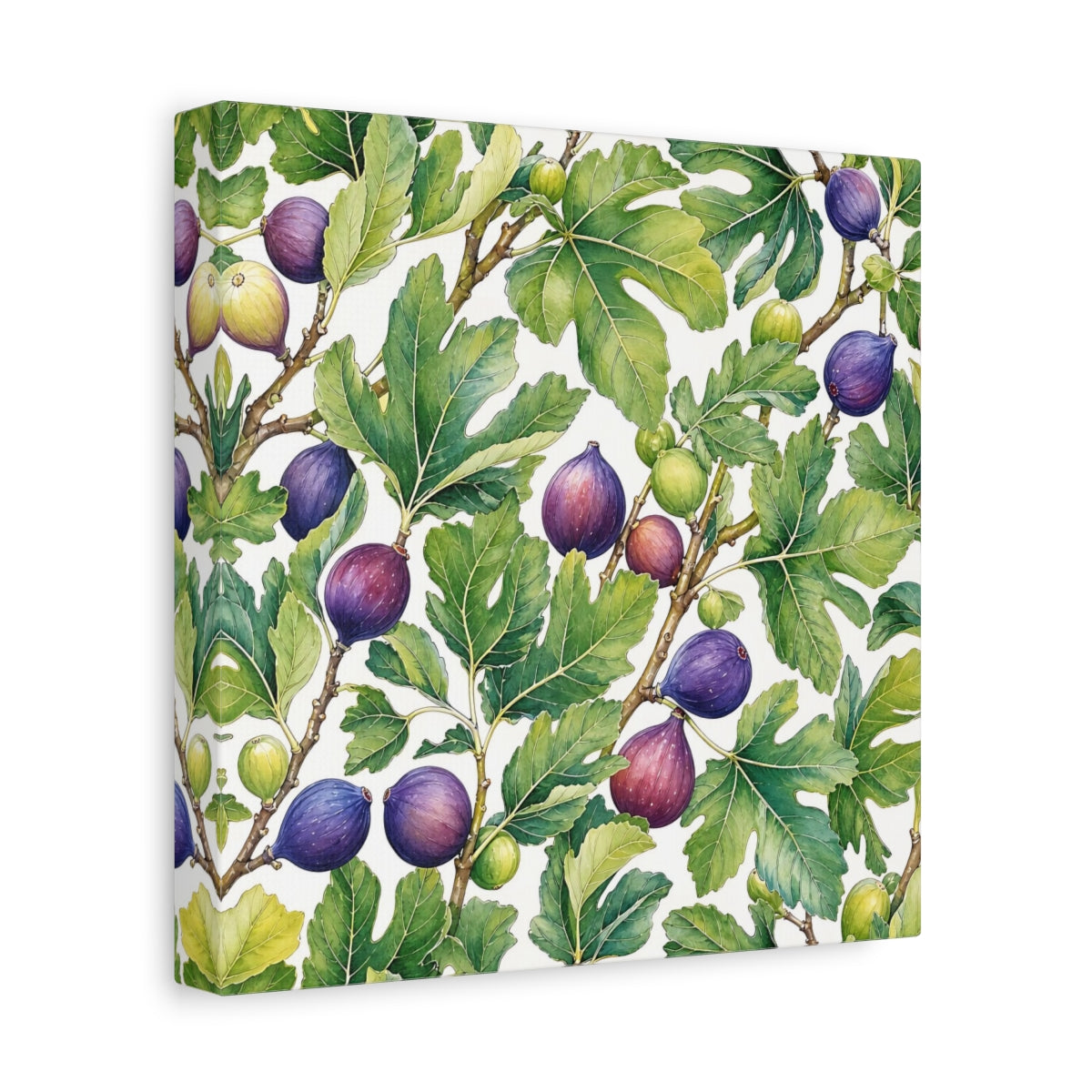 Side Mockup 9. Delicate Hand-Drawn Illustration Fig Leaves Near Whitewashed Wall shown as stretched canvas wall art