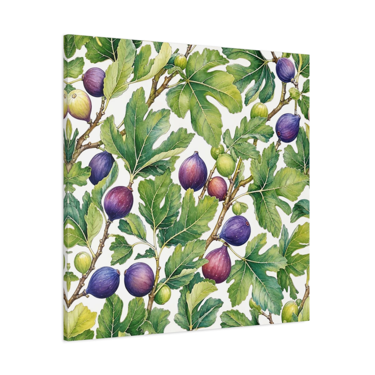 Side Mockup 1. Delicate Hand-Drawn Illustration Fig Leaves Near Whitewashed Wall shown as stretched canvas wall art