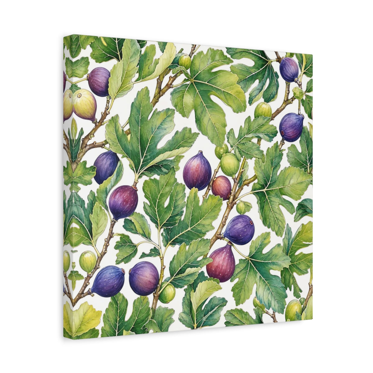 Side Mockup 6. Delicate Hand-Drawn Illustration Fig Leaves Near Whitewashed Wall shown as stretched canvas wall art
