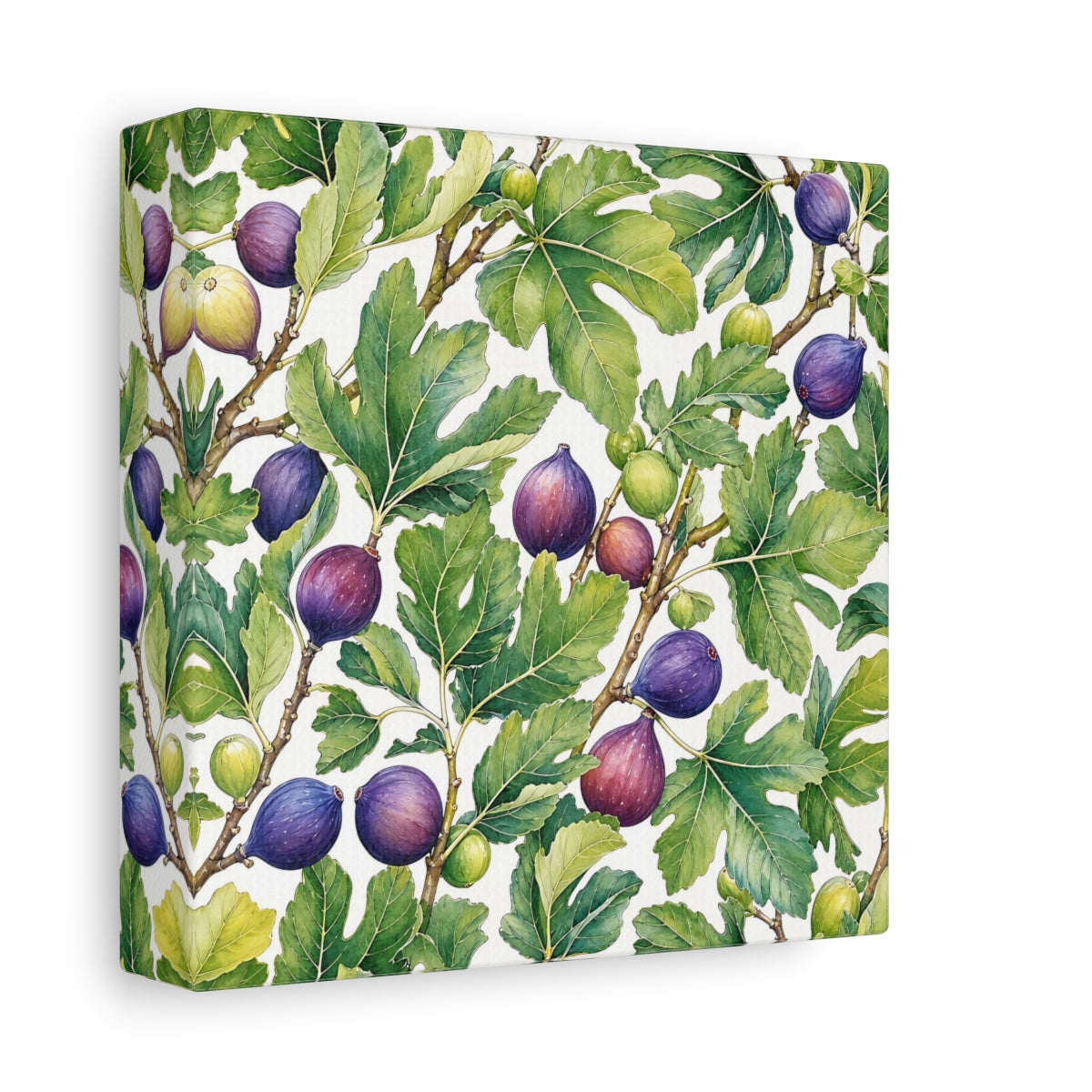 Side Mockup 2. Delicate Hand-Drawn Illustration Fig Leaves Near Whitewashed Wall shown as stretched canvas wall art
