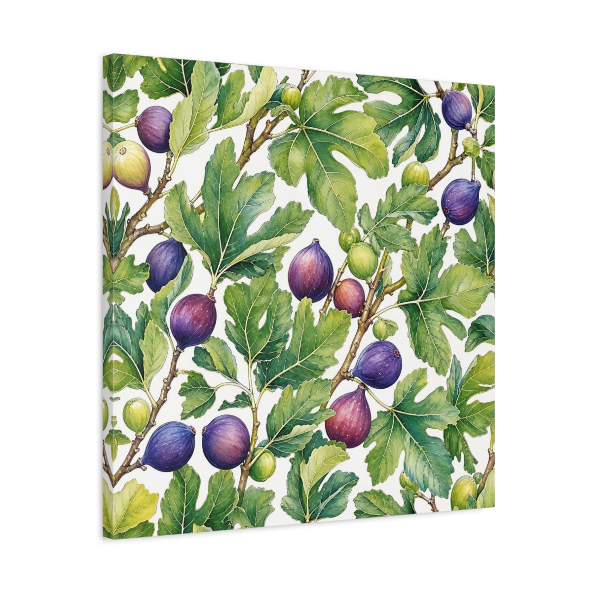 Side Mockup 4. Delicate Hand-Drawn Illustration Fig Leaves Near Whitewashed Wall shown as stretched canvas wall art