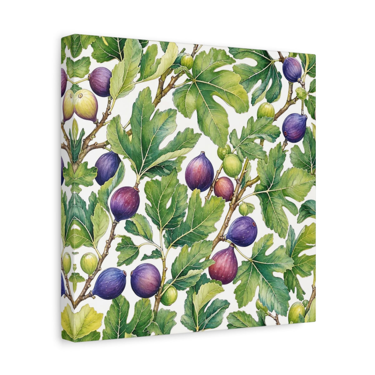 Side Mockup 8. Delicate Hand-Drawn Illustration Fig Leaves Near Whitewashed Wall shown as stretched canvas wall art