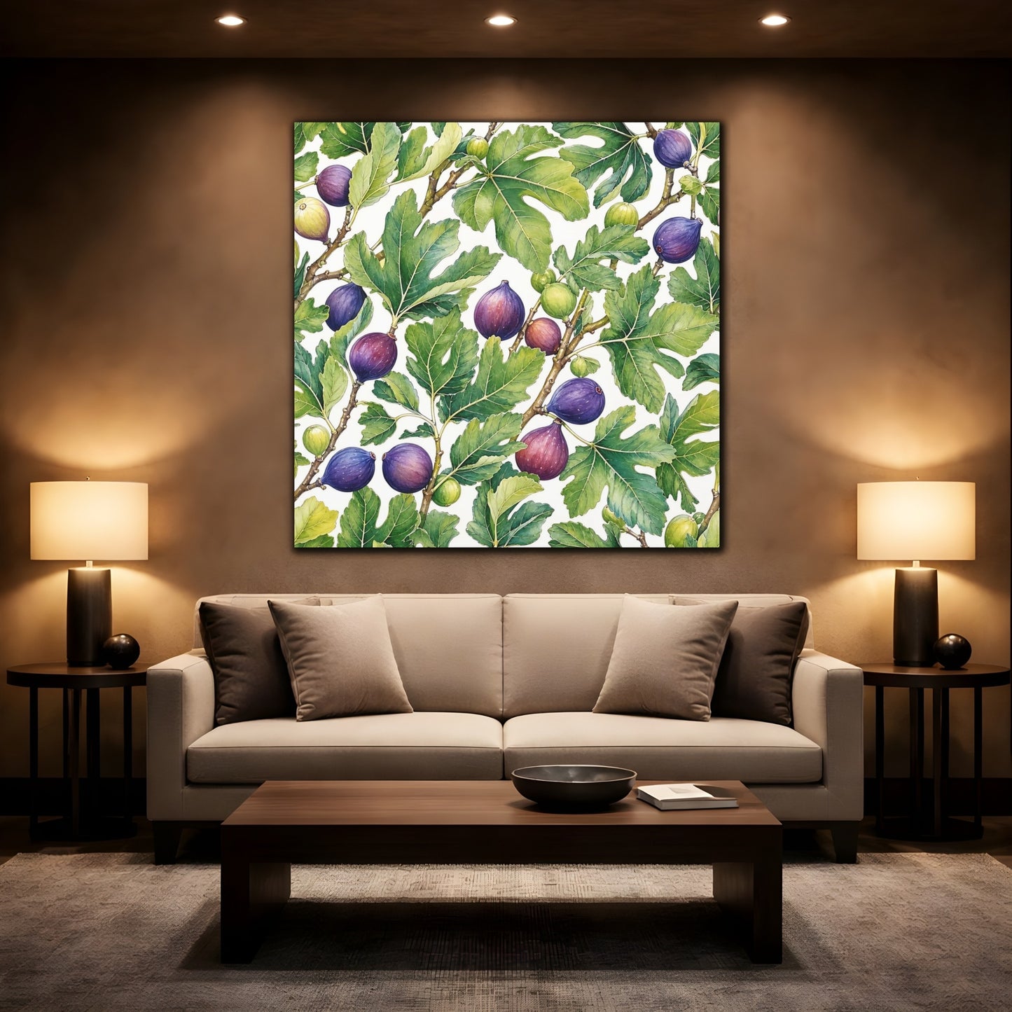 Mockup 2. Delicate Hand-Drawn Illustration Fig Leaves Near Whitewashed Wall shown as stretched canvas wall art