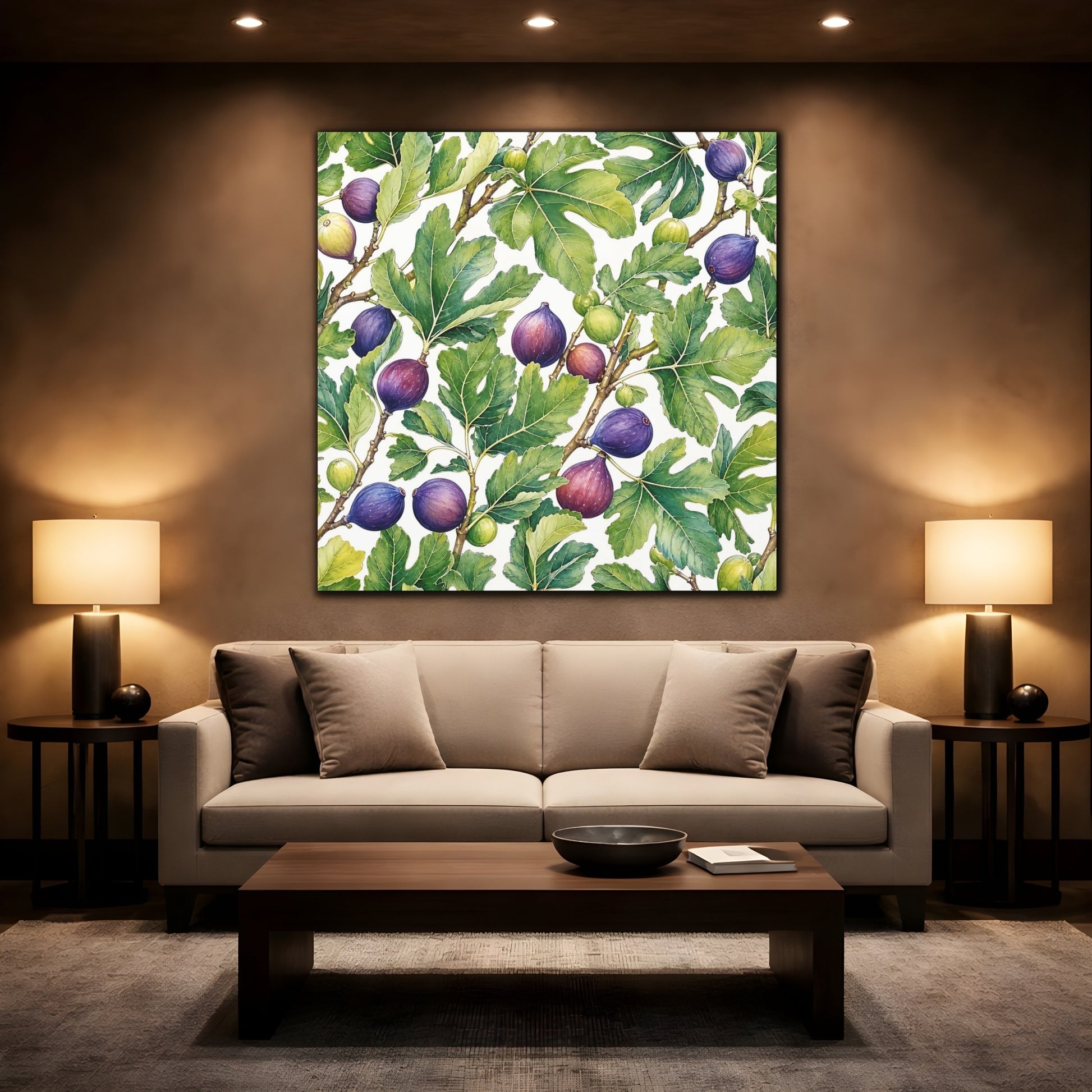 Mockup 2. Delicate Hand-Drawn Illustration Fig Leaves Near Whitewashed Wall shown as stretched canvas wall art