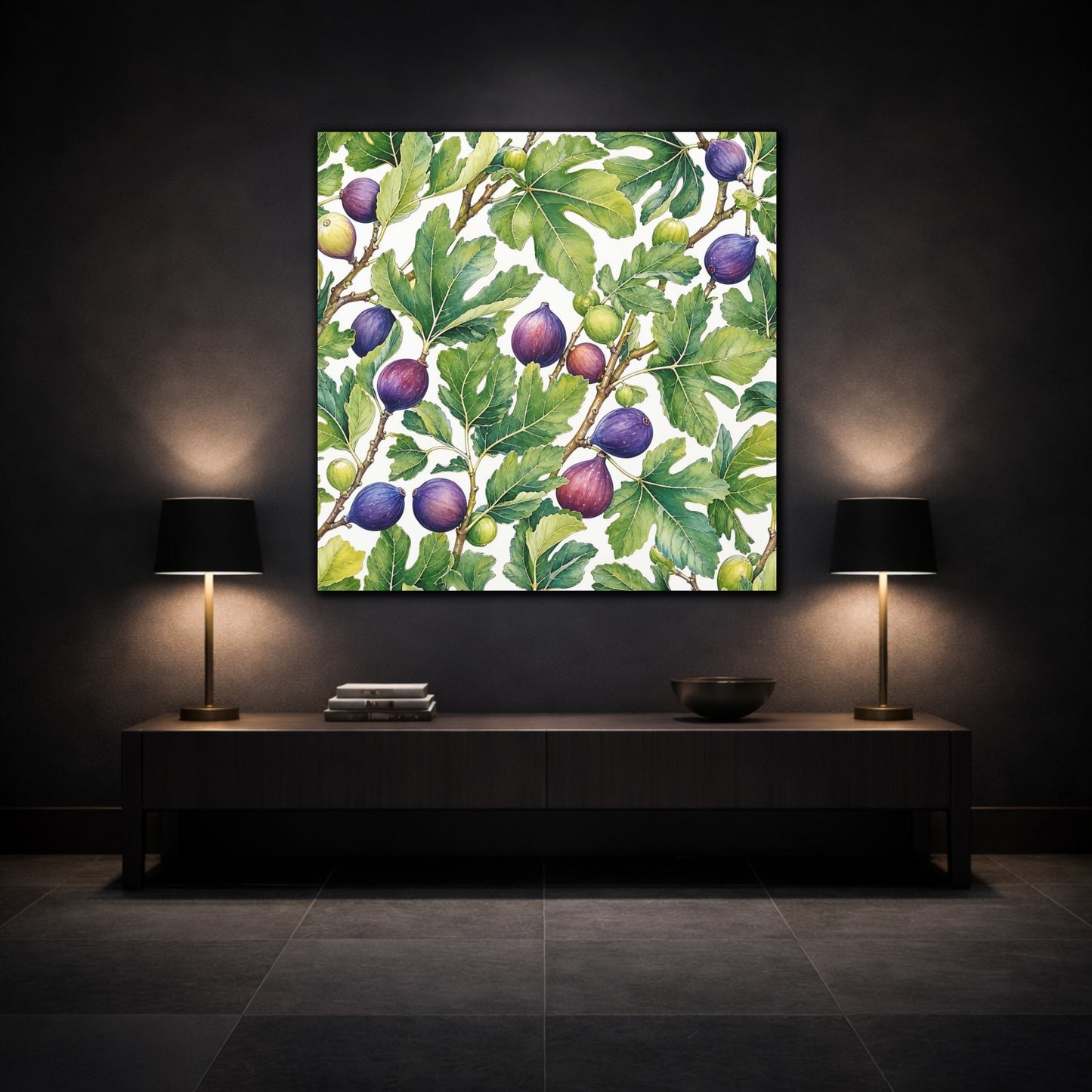 Mockup 3. Delicate Hand-Drawn Illustration Fig Leaves Near Whitewashed Wall shown as stretched canvas wall art