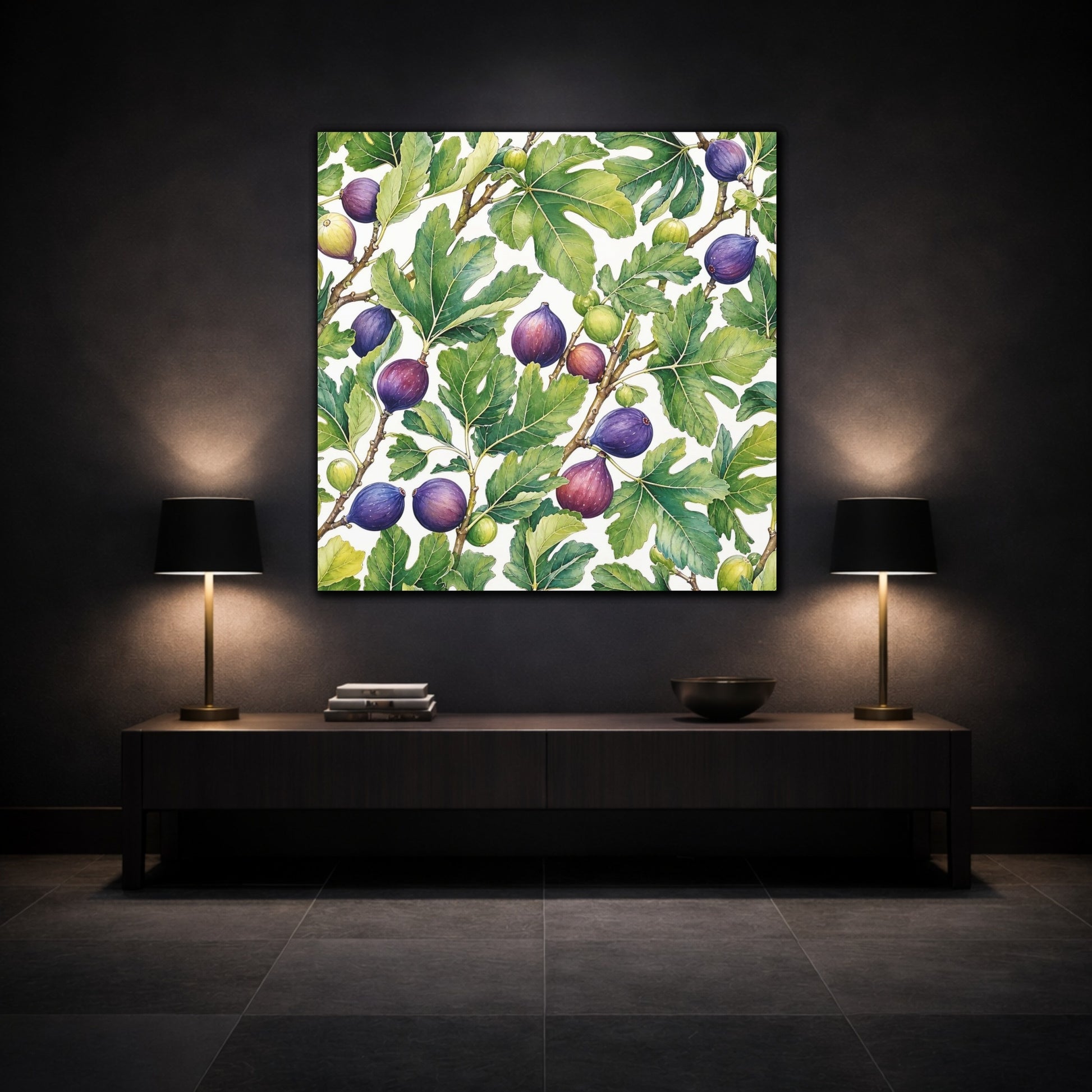 Mockup 3. Delicate Hand-Drawn Illustration Fig Leaves Near Whitewashed Wall shown as stretched canvas wall art