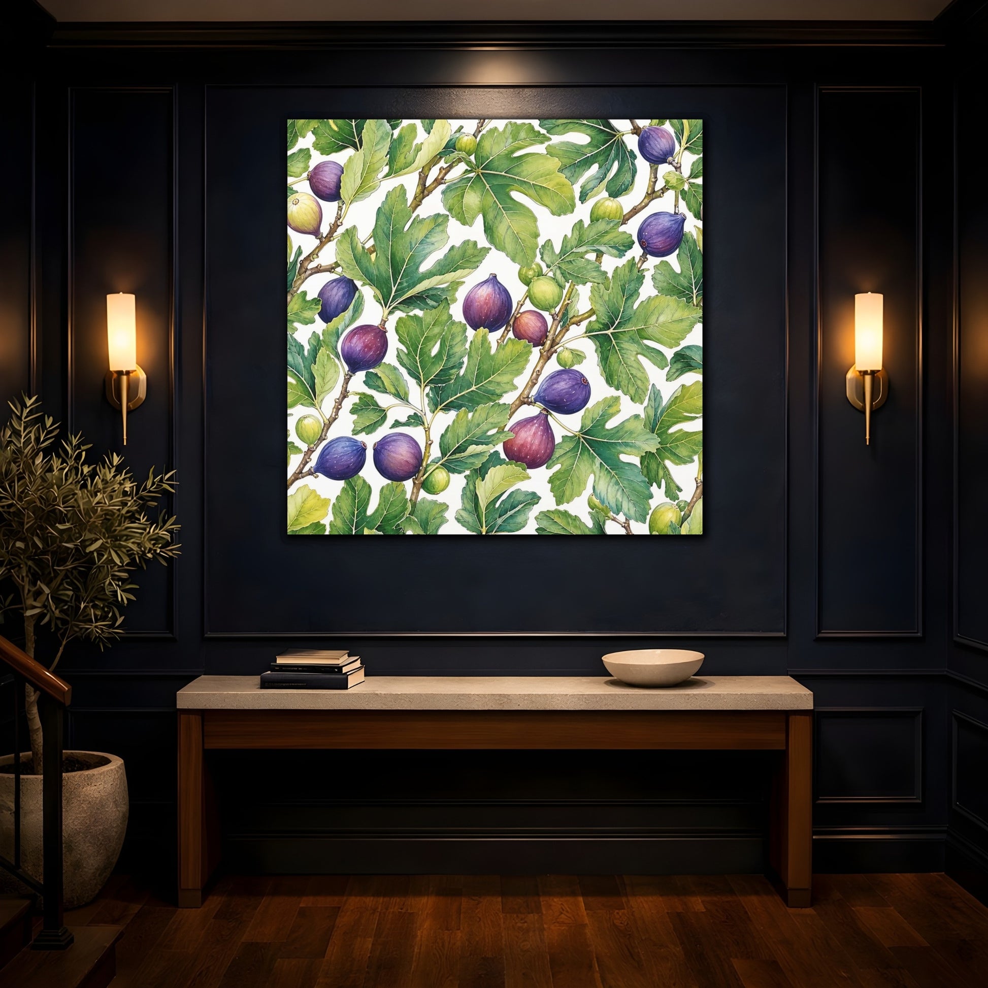 Mockup 4. Delicate Hand-Drawn Illustration Fig Leaves Near Whitewashed Wall shown as stretched canvas wall art