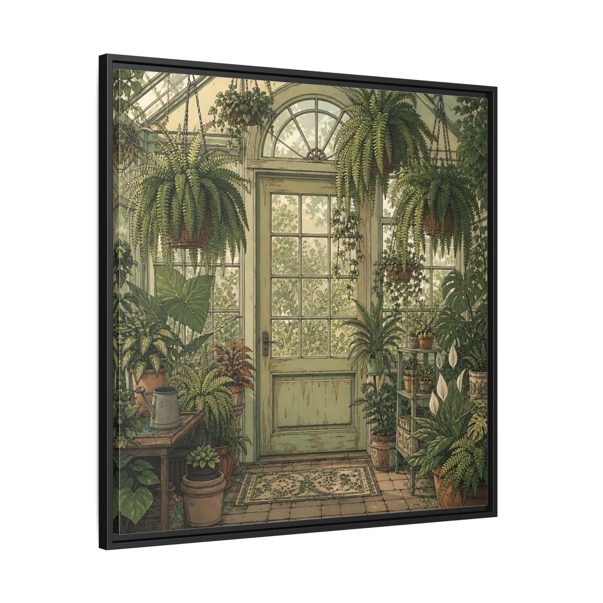 Side Mockup 30. Delicate Hand-Drawn Illustration Old Conservatory With Hanging Ferns shown as stretched canvas wall art