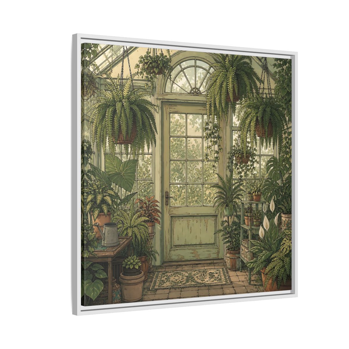 Side Mockup 7. Delicate Hand-Drawn Illustration Old Conservatory With Hanging Ferns shown as stretched canvas wall art
