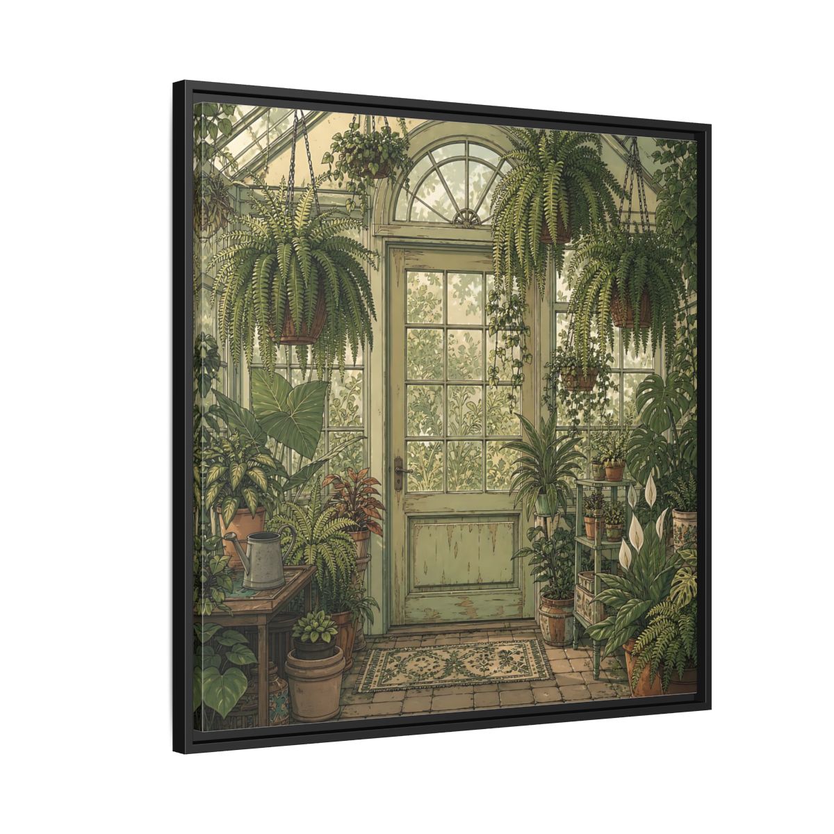 Side Mockup 9. Delicate Hand-Drawn Illustration Old Conservatory With Hanging Ferns shown as stretched canvas wall art