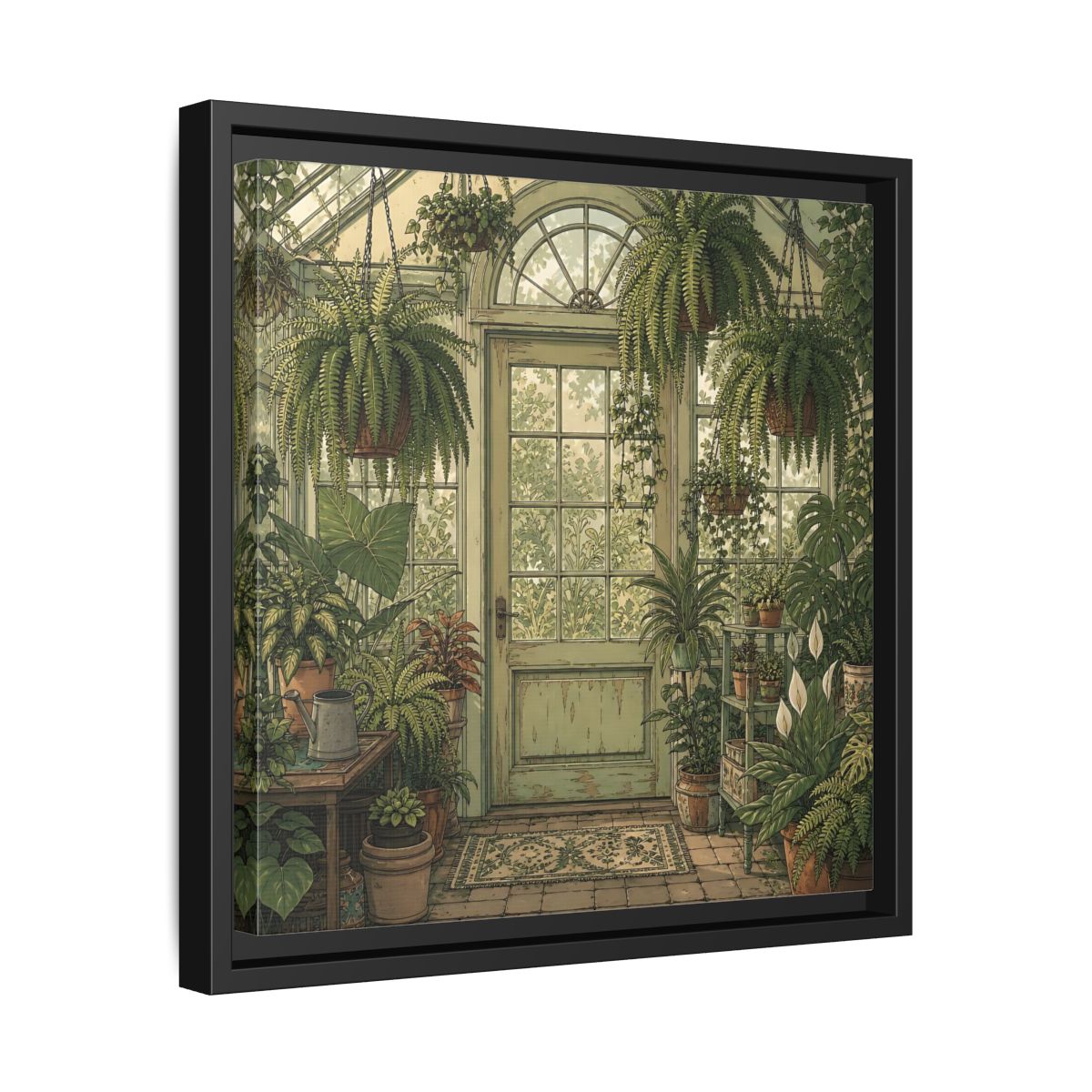 Side Mockup 32. Delicate Hand-Drawn Illustration Old Conservatory With Hanging Ferns shown as stretched canvas wall art