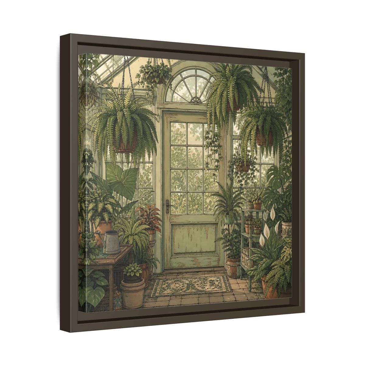 Side Mockup 29. Delicate Hand-Drawn Illustration Old Conservatory With Hanging Ferns shown as stretched canvas wall art