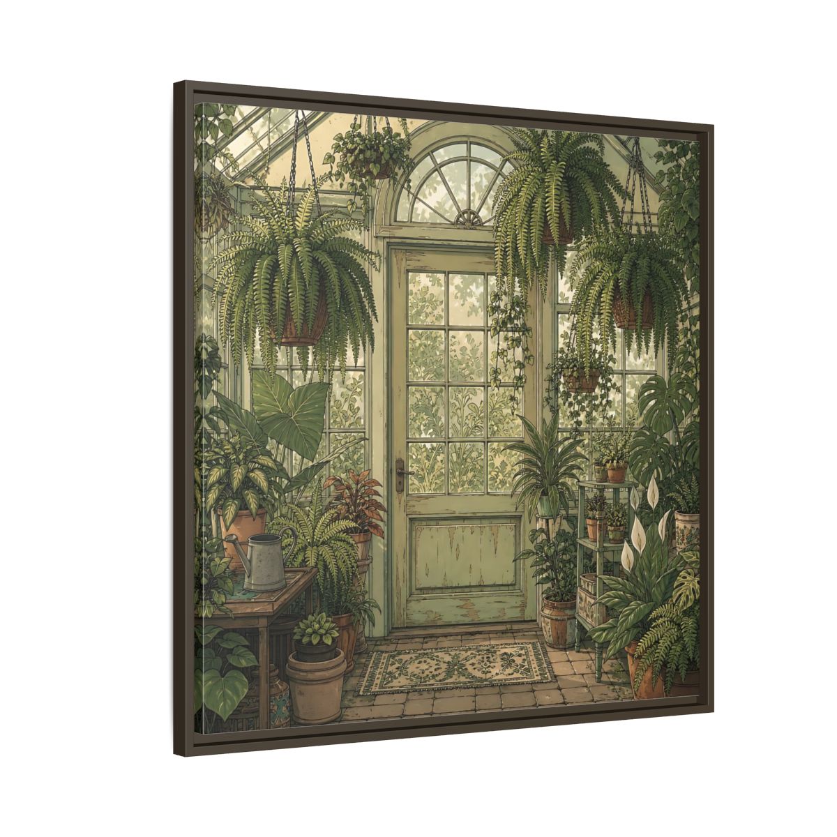 Side Mockup 8. Delicate Hand-Drawn Illustration Old Conservatory With Hanging Ferns shown as stretched canvas wall art