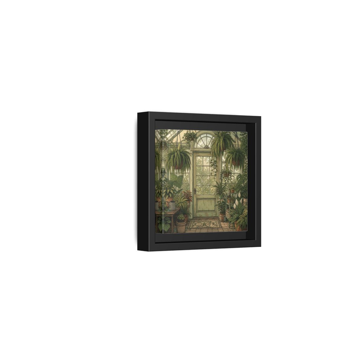 Side Mockup 24. Delicate Hand-Drawn Illustration Old Conservatory With Hanging Ferns shown as stretched canvas wall art