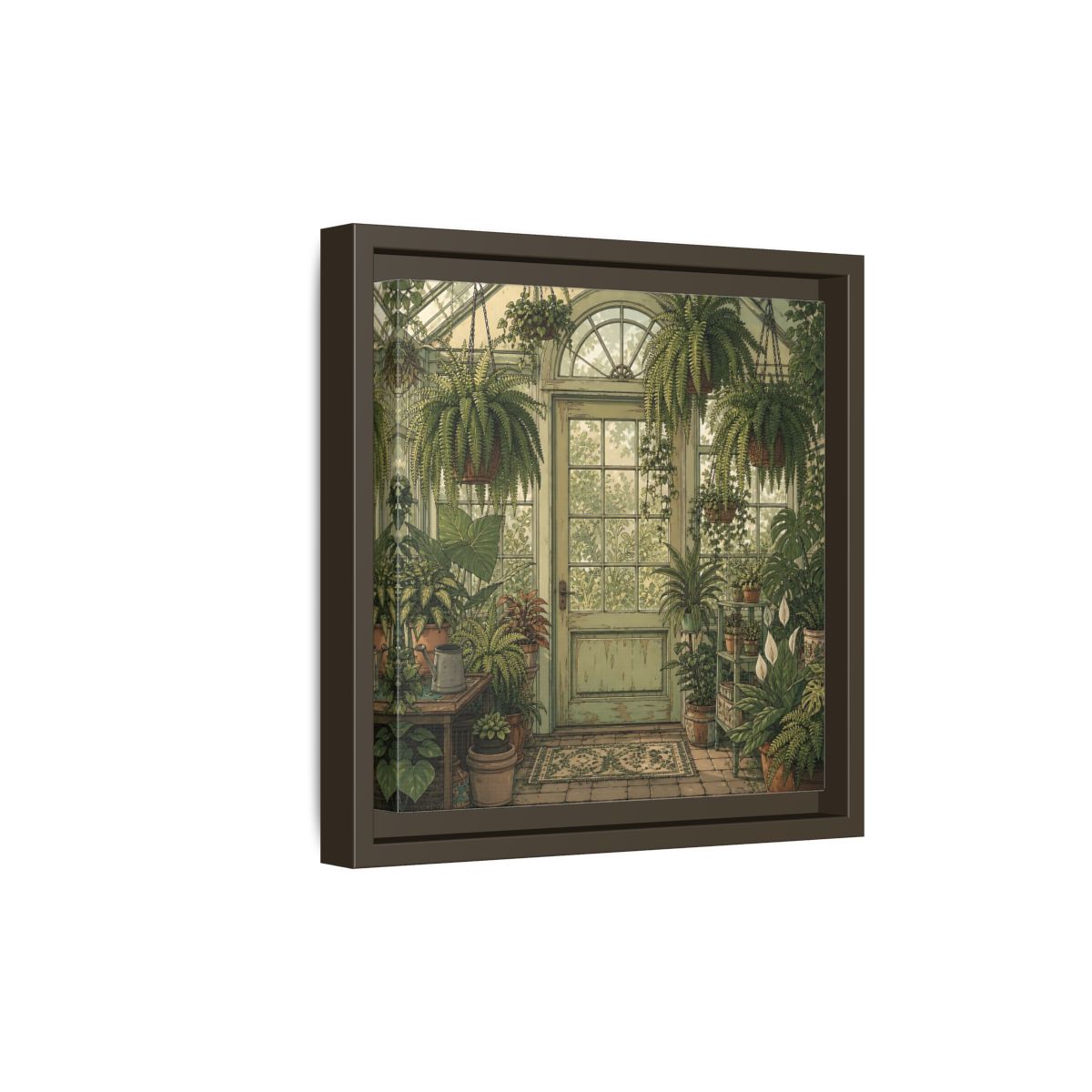 Side Mockup 20. Delicate Hand-Drawn Illustration Old Conservatory With Hanging Ferns shown as stretched canvas wall art