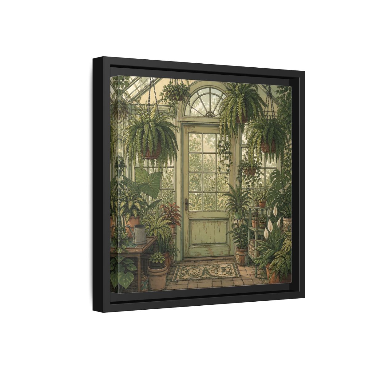 Side Mockup 18. Delicate Hand-Drawn Illustration Old Conservatory With Hanging Ferns shown as stretched canvas wall art