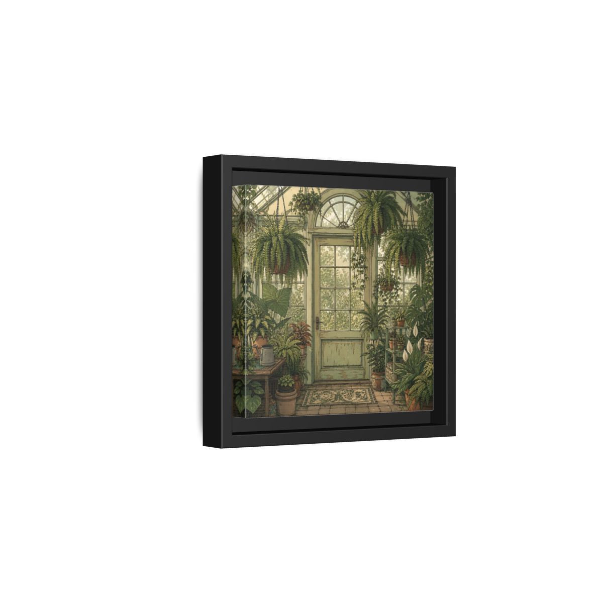 Side Mockup 3. Delicate Hand-Drawn Illustration Old Conservatory With Hanging Ferns shown as stretched canvas wall art
