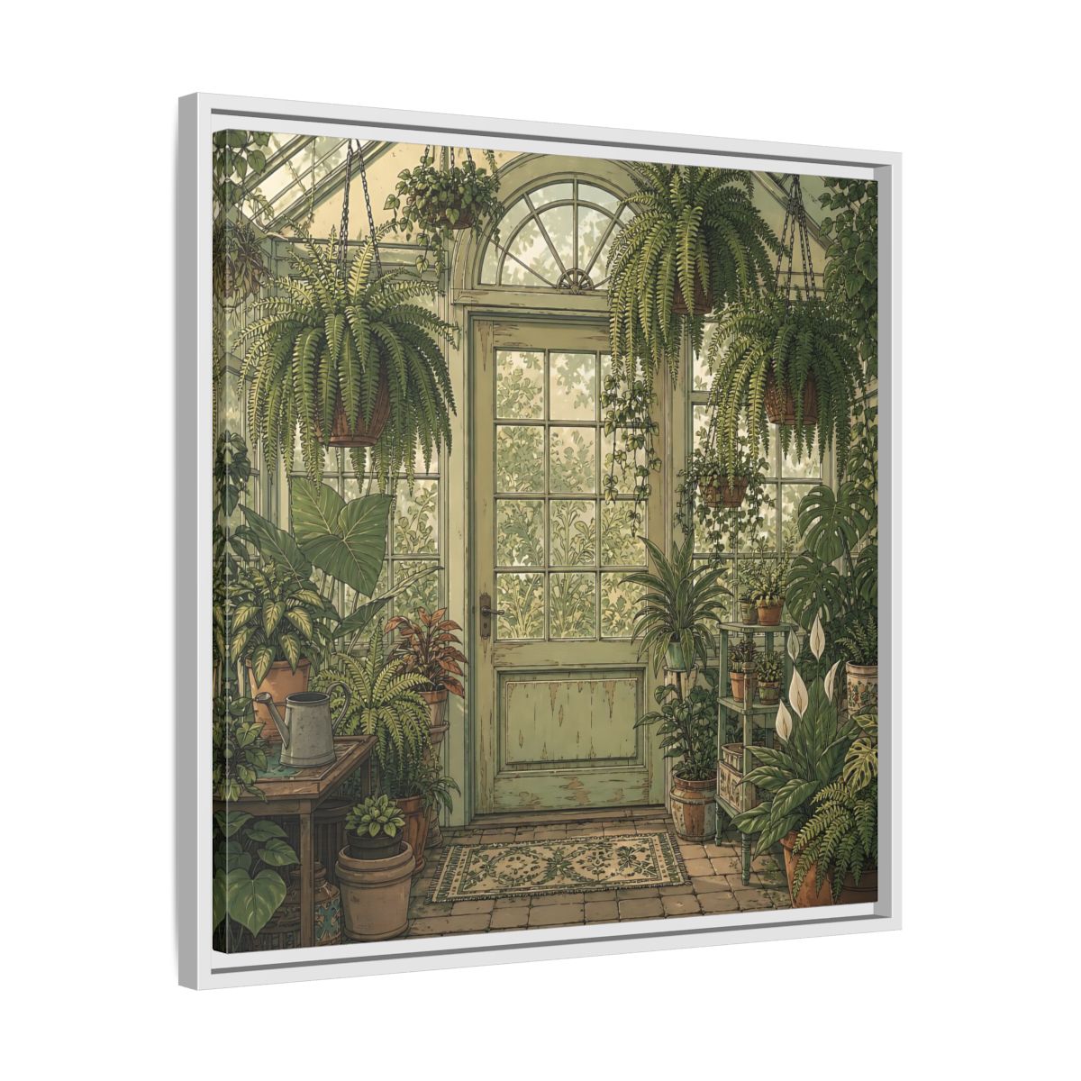 Side Mockup 26. Delicate Hand-Drawn Illustration Old Conservatory With Hanging Ferns shown as stretched canvas wall art