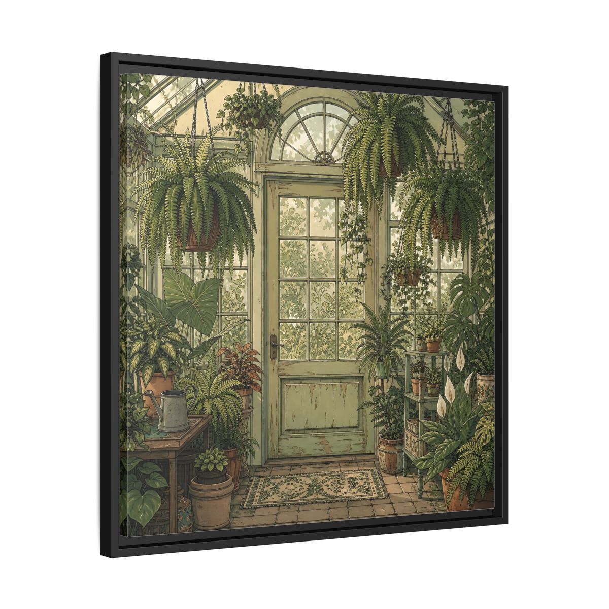 Side Mockup 31. Delicate Hand-Drawn Illustration Old Conservatory With Hanging Ferns shown as stretched canvas wall art