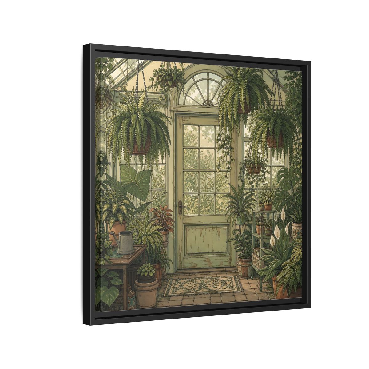 Side Mockup 12. Delicate Hand-Drawn Illustration Old Conservatory With Hanging Ferns shown as stretched canvas wall art