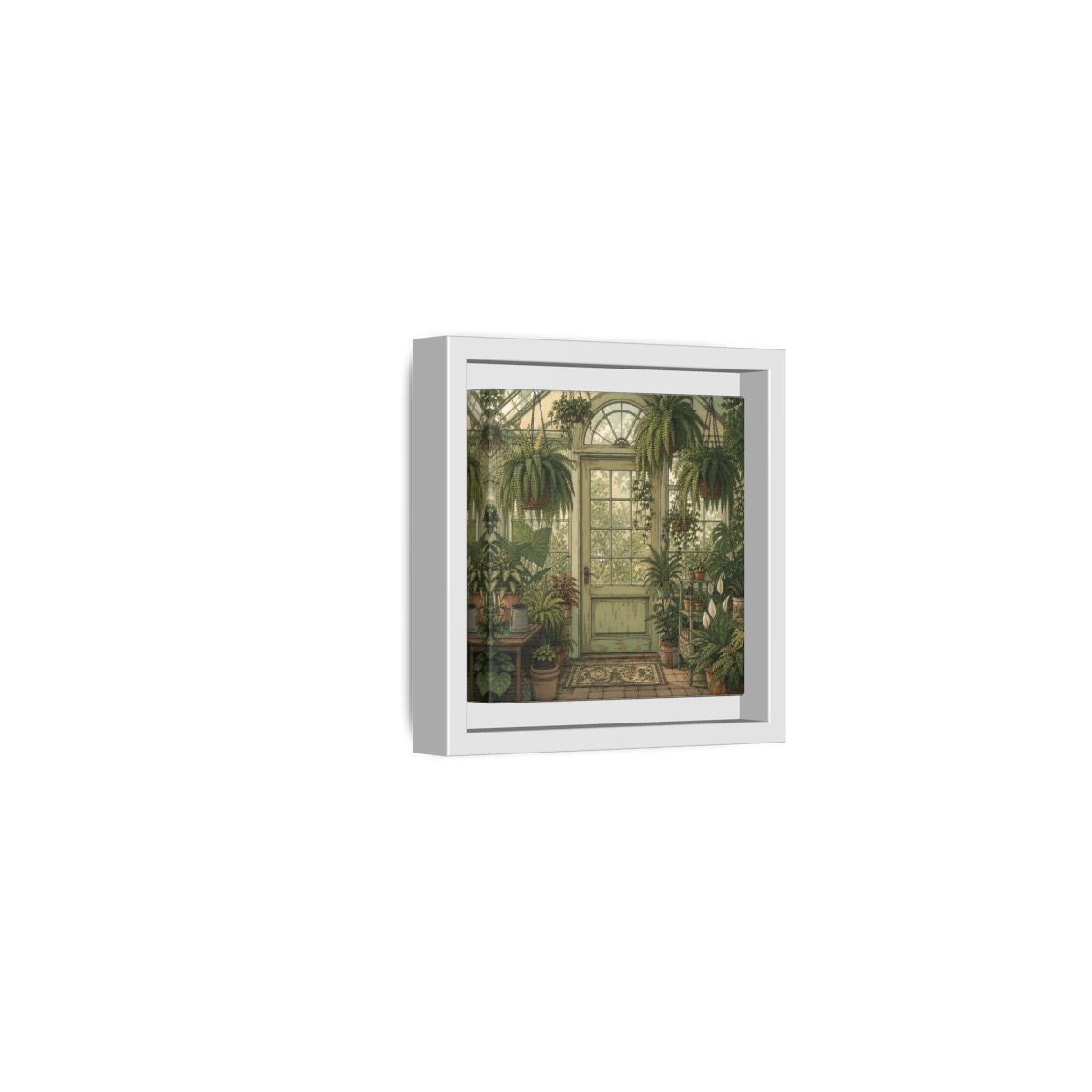 Side Mockup 22. Delicate Hand-Drawn Illustration Old Conservatory With Hanging Ferns shown as stretched canvas wall art