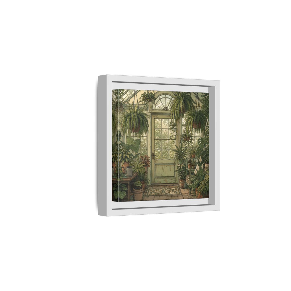 Side Mockup 1. Delicate Hand-Drawn Illustration Old Conservatory With Hanging Ferns shown as stretched canvas wall art