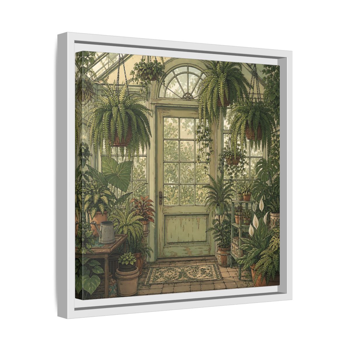 Side Mockup 28. Delicate Hand-Drawn Illustration Old Conservatory With Hanging Ferns shown as stretched canvas wall art