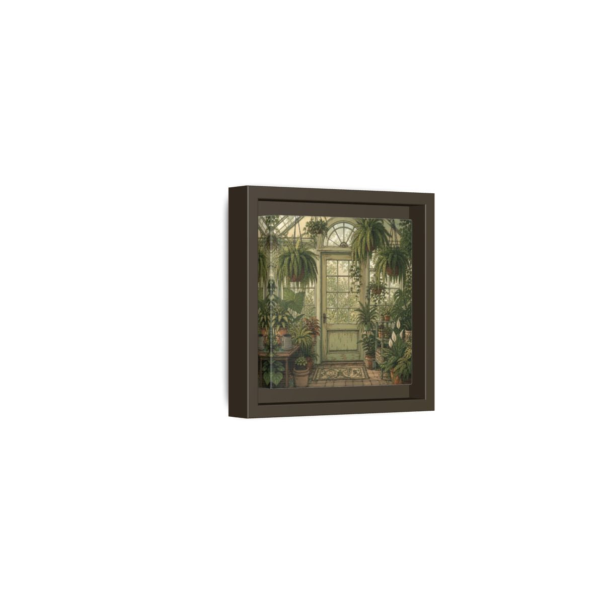Side Mockup 23. Delicate Hand-Drawn Illustration Old Conservatory With Hanging Ferns shown as stretched canvas wall art