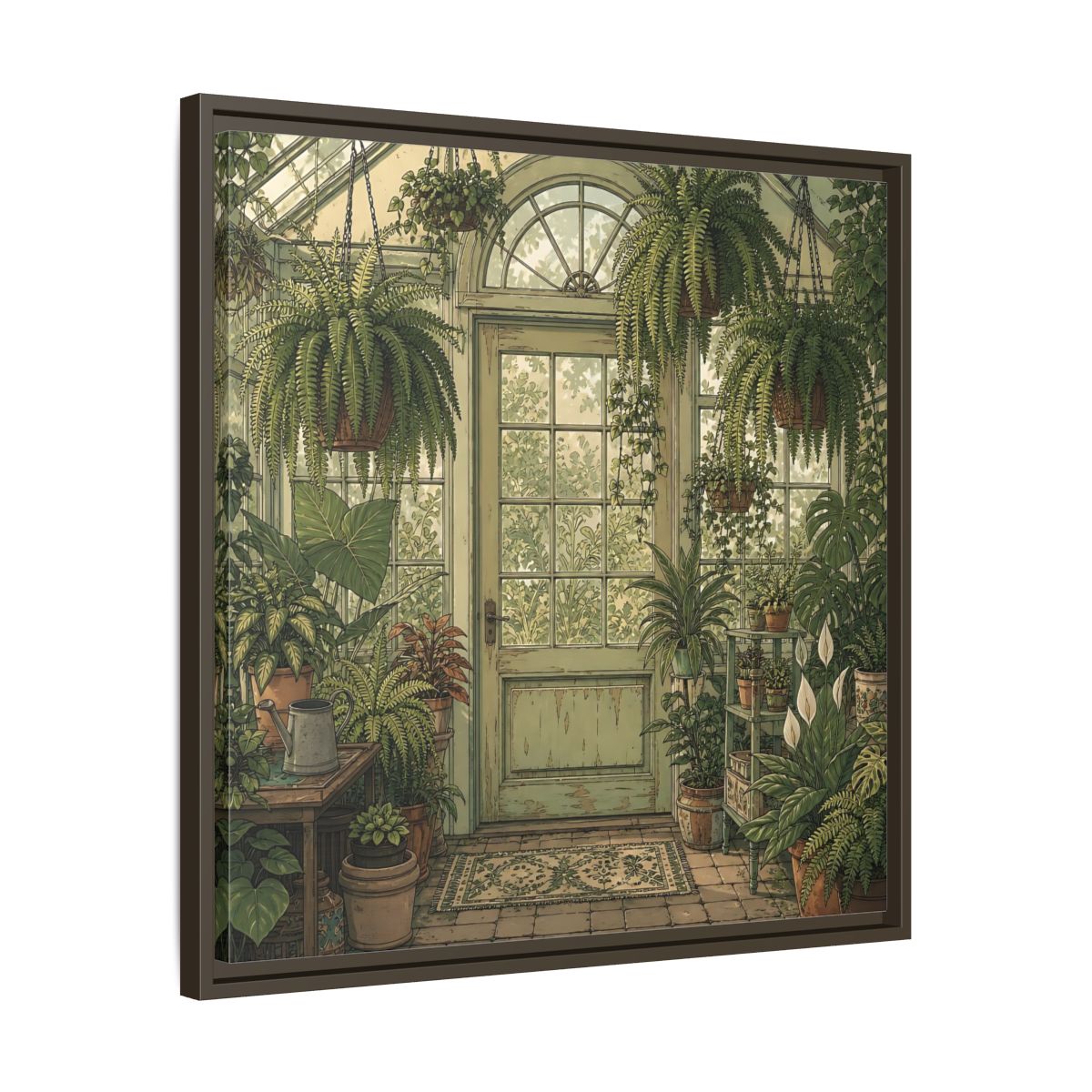 Side Mockup 27. Delicate Hand-Drawn Illustration Old Conservatory With Hanging Ferns shown as stretched canvas wall art