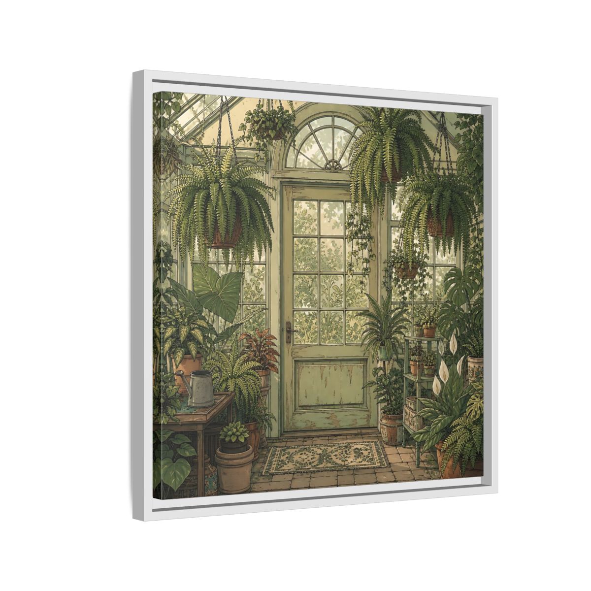 Side Mockup 10. Delicate Hand-Drawn Illustration Old Conservatory With Hanging Ferns shown as stretched canvas wall art