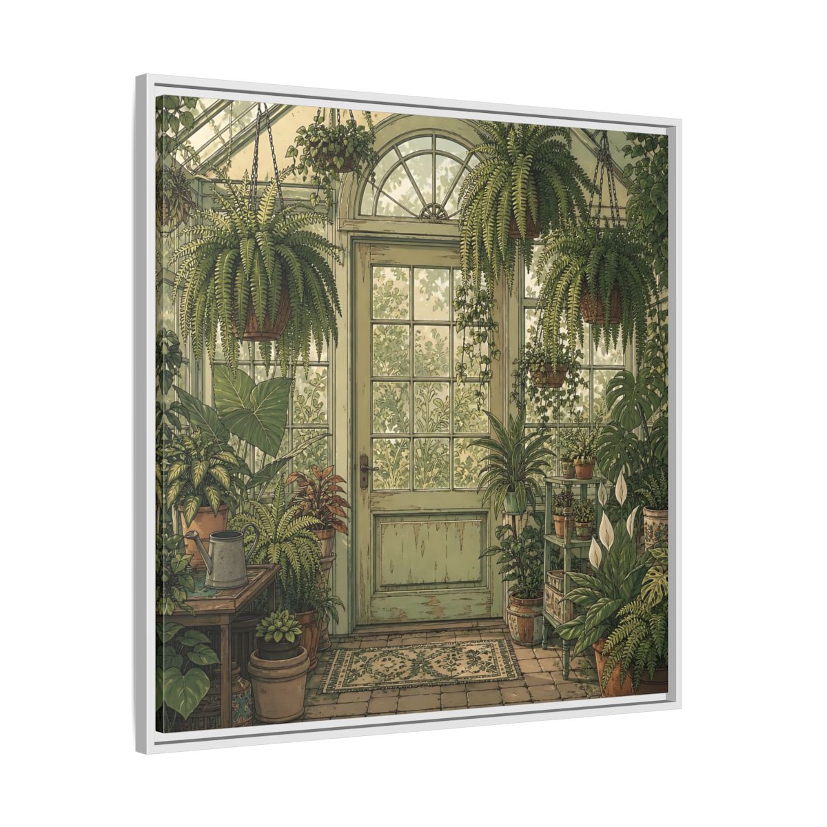 Side Mockup 25. Delicate Hand-Drawn Illustration Old Conservatory With Hanging Ferns shown as stretched canvas wall art