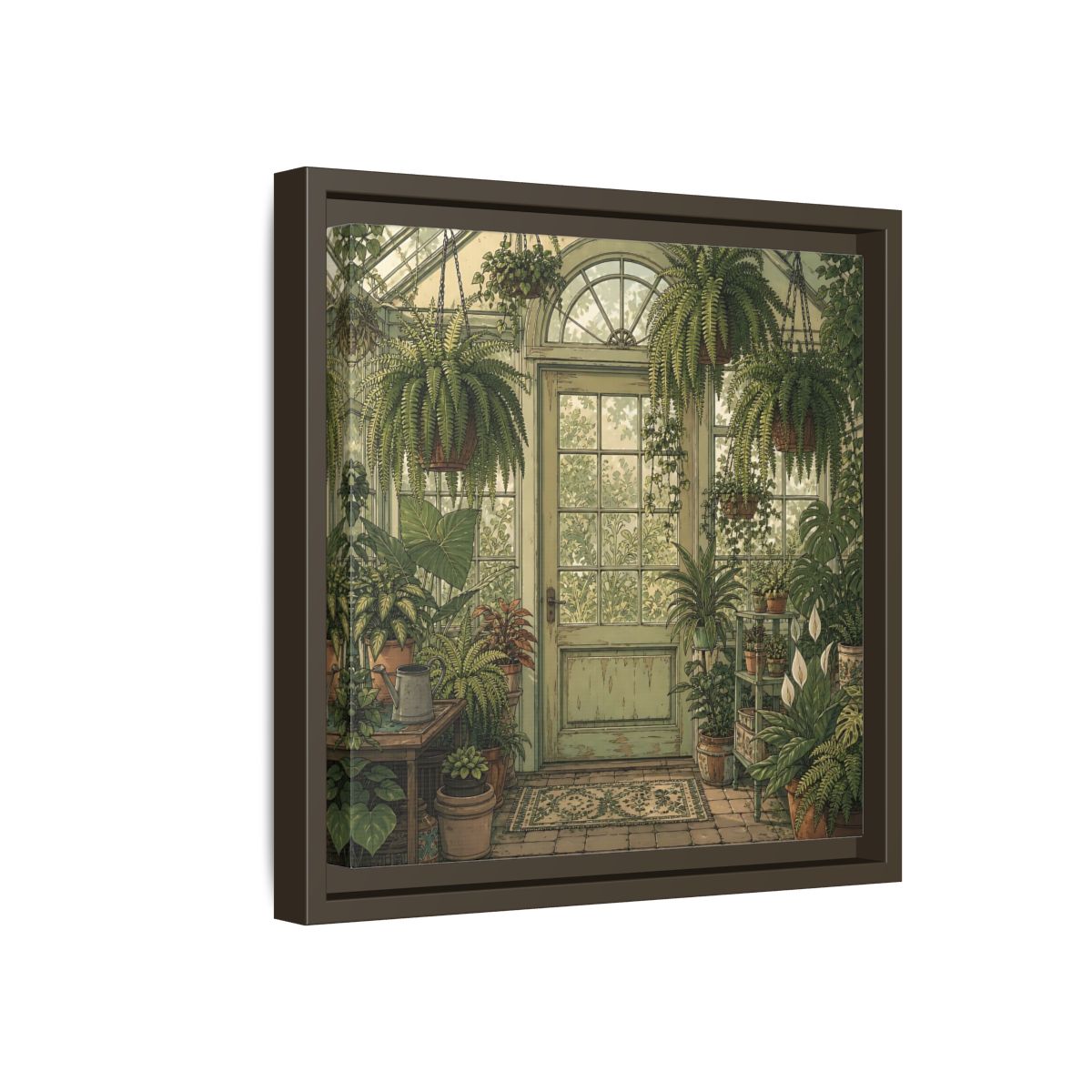 Side Mockup 17. Delicate Hand-Drawn Illustration Old Conservatory With Hanging Ferns shown as stretched canvas wall art