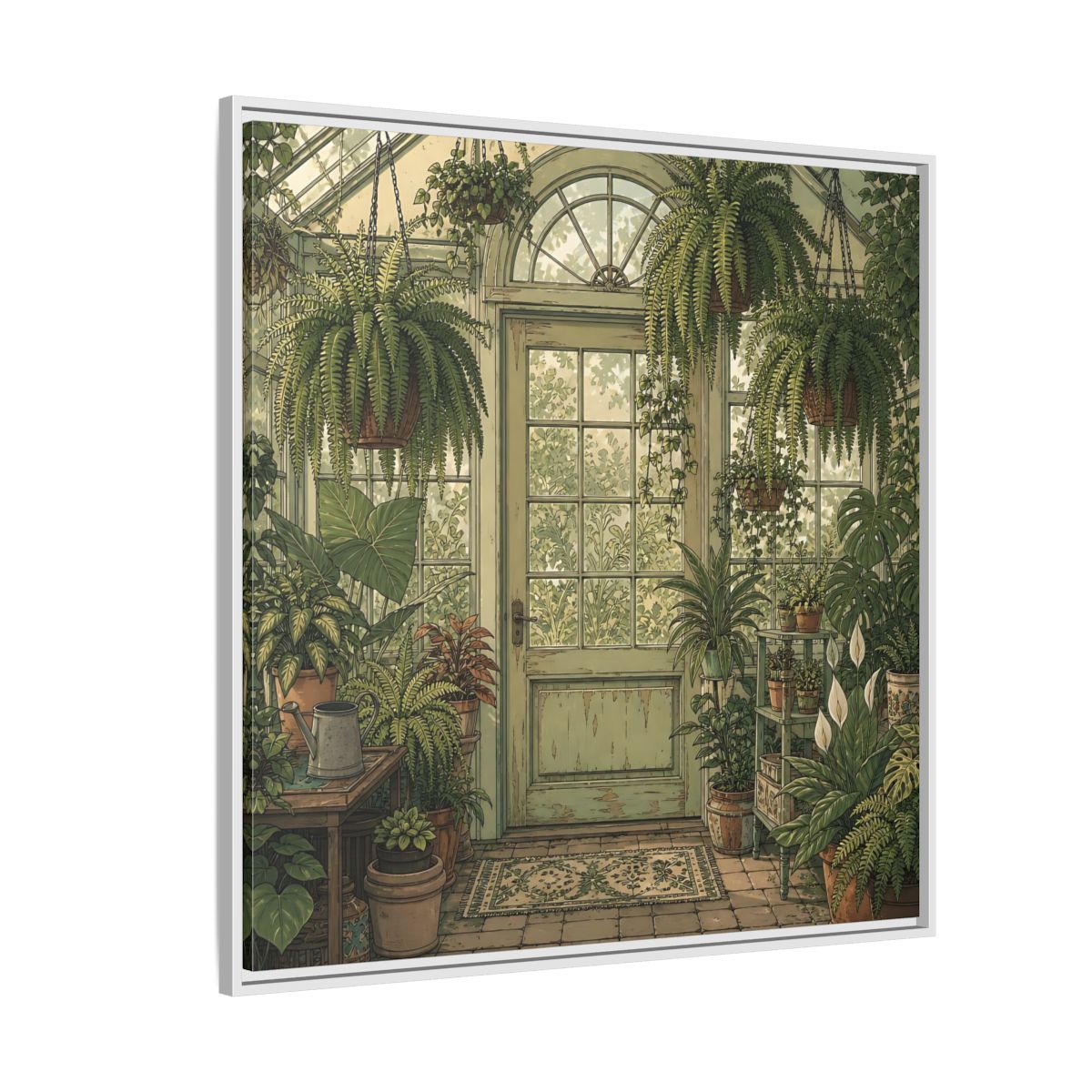 Side Mockup 4. Delicate Hand-Drawn Illustration Old Conservatory With Hanging Ferns shown as stretched canvas wall art