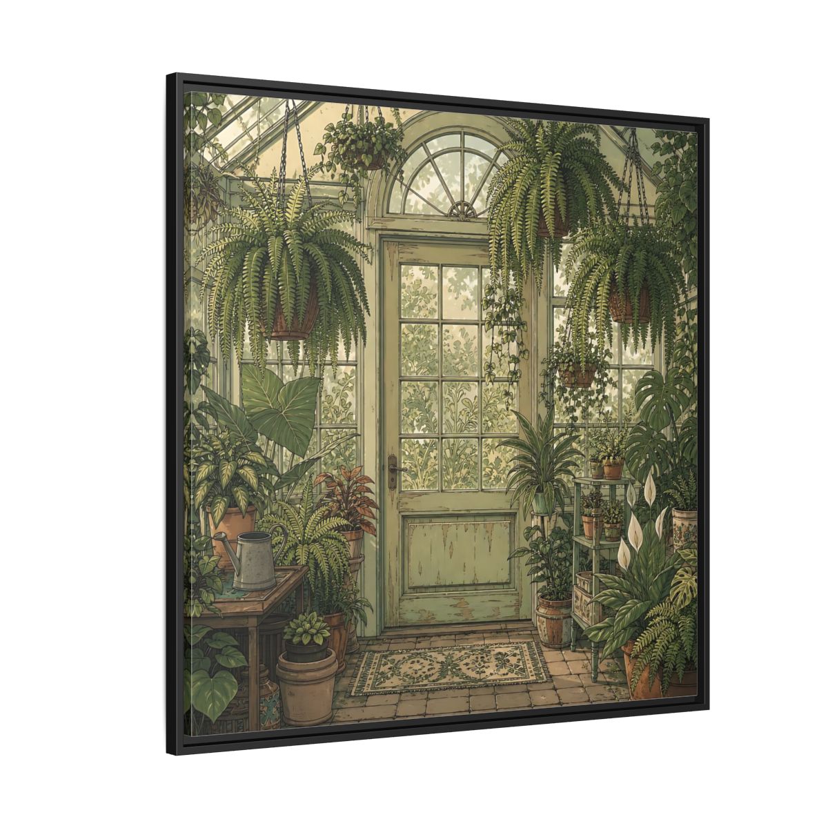 Side Mockup 6. Delicate Hand-Drawn Illustration Old Conservatory With Hanging Ferns shown as stretched canvas wall art