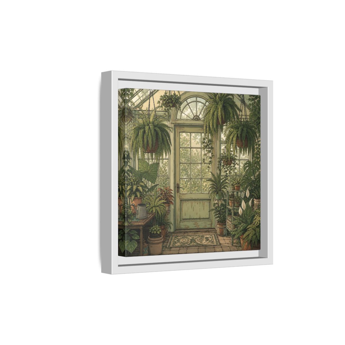 Side Mockup 19. Delicate Hand-Drawn Illustration Old Conservatory With Hanging Ferns shown as stretched canvas wall art