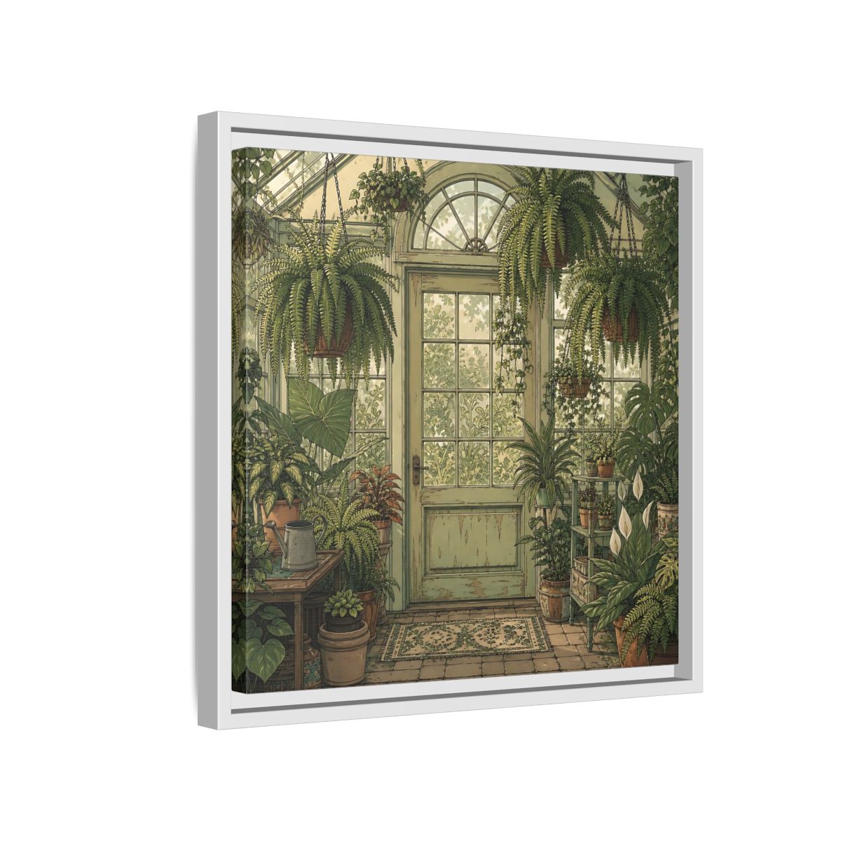 Side Mockup 13. Delicate Hand-Drawn Illustration Old Conservatory With Hanging Ferns shown as stretched canvas wall art