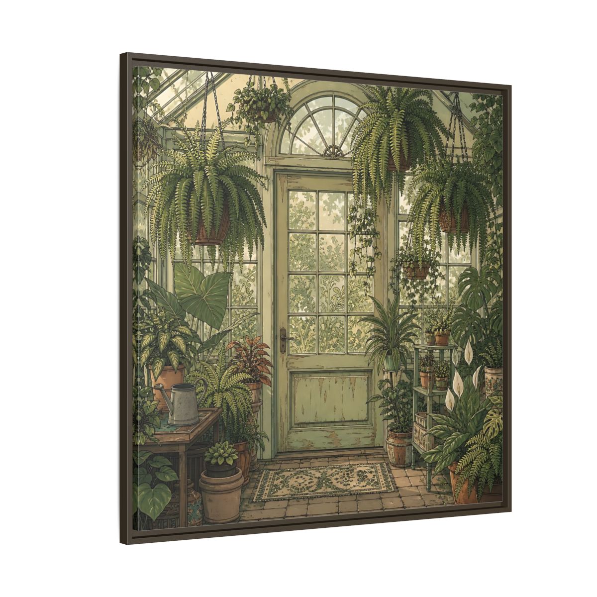 Side Mockup 5. Delicate Hand-Drawn Illustration Old Conservatory With Hanging Ferns shown as stretched canvas wall art