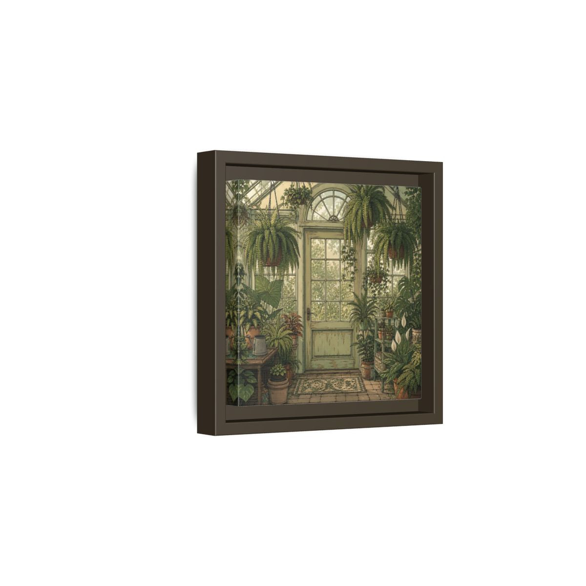 Side Mockup 2. Delicate Hand-Drawn Illustration Old Conservatory With Hanging Ferns shown as stretched canvas wall art