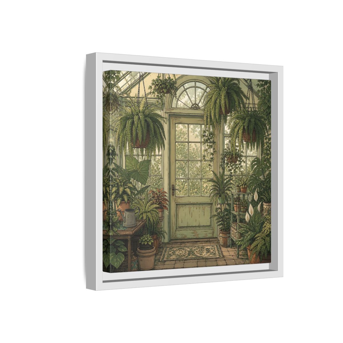 Side Mockup 16. Delicate Hand-Drawn Illustration Old Conservatory With Hanging Ferns shown as stretched canvas wall art