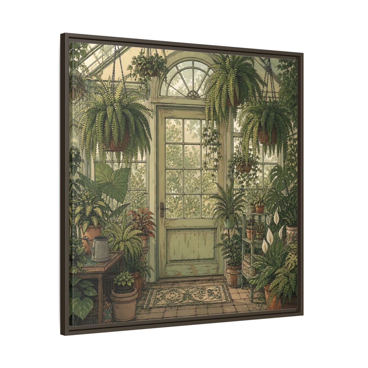 Main Mockup. Delicate Hand-Drawn Illustration Old Conservatory With Hanging Ferns shown as stretched canvas wall art