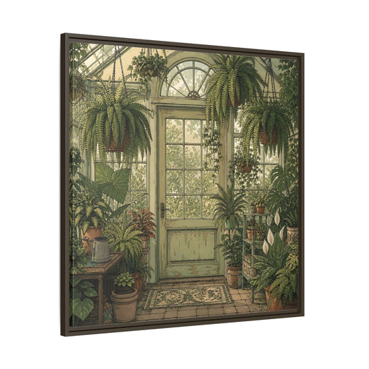 Main Mockup. Delicate Hand-Drawn Illustration Old Conservatory With Hanging Ferns shown as stretched canvas wall art