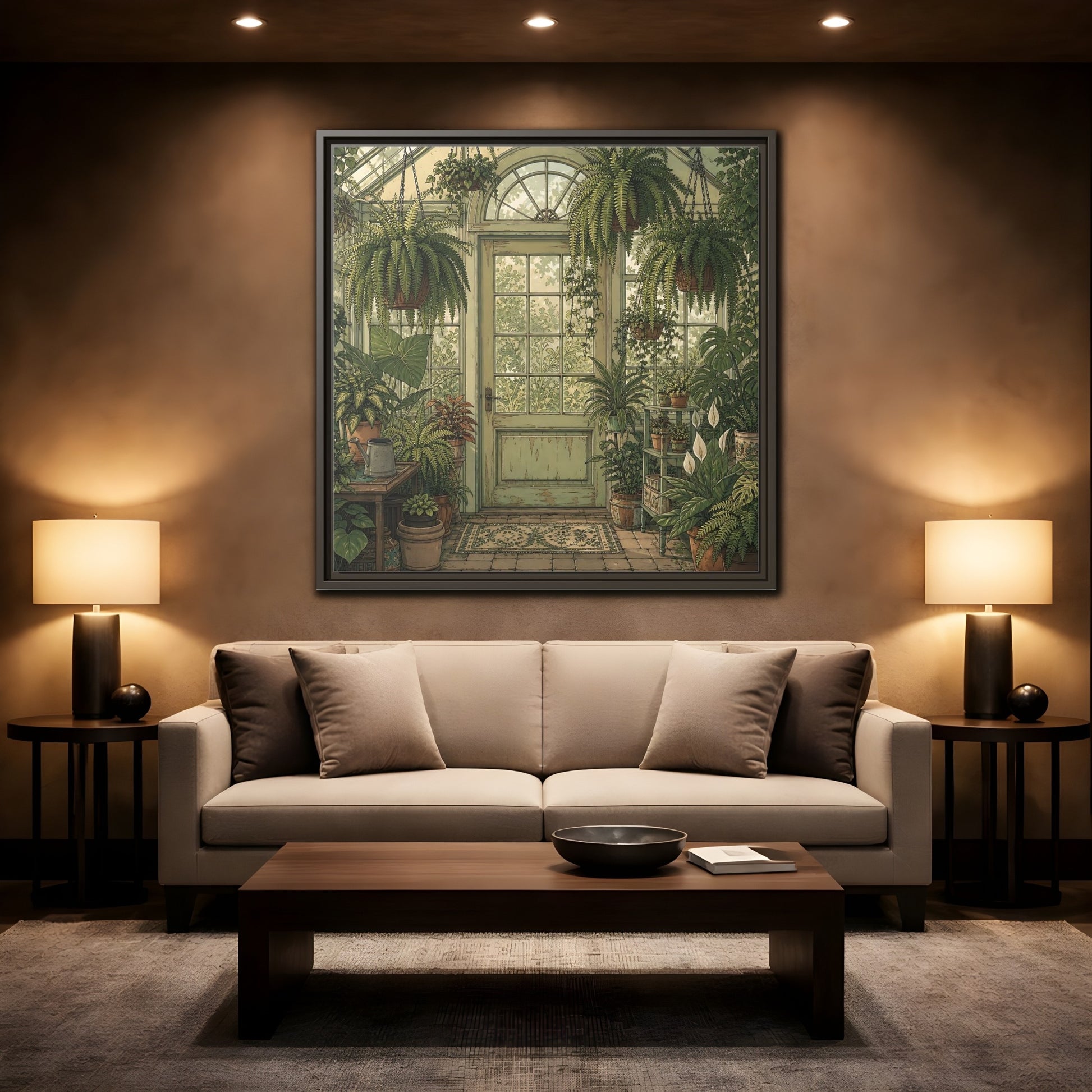 Mockup 2. Delicate Hand-Drawn Illustration Old Conservatory With Hanging Ferns shown as stretched canvas wall art