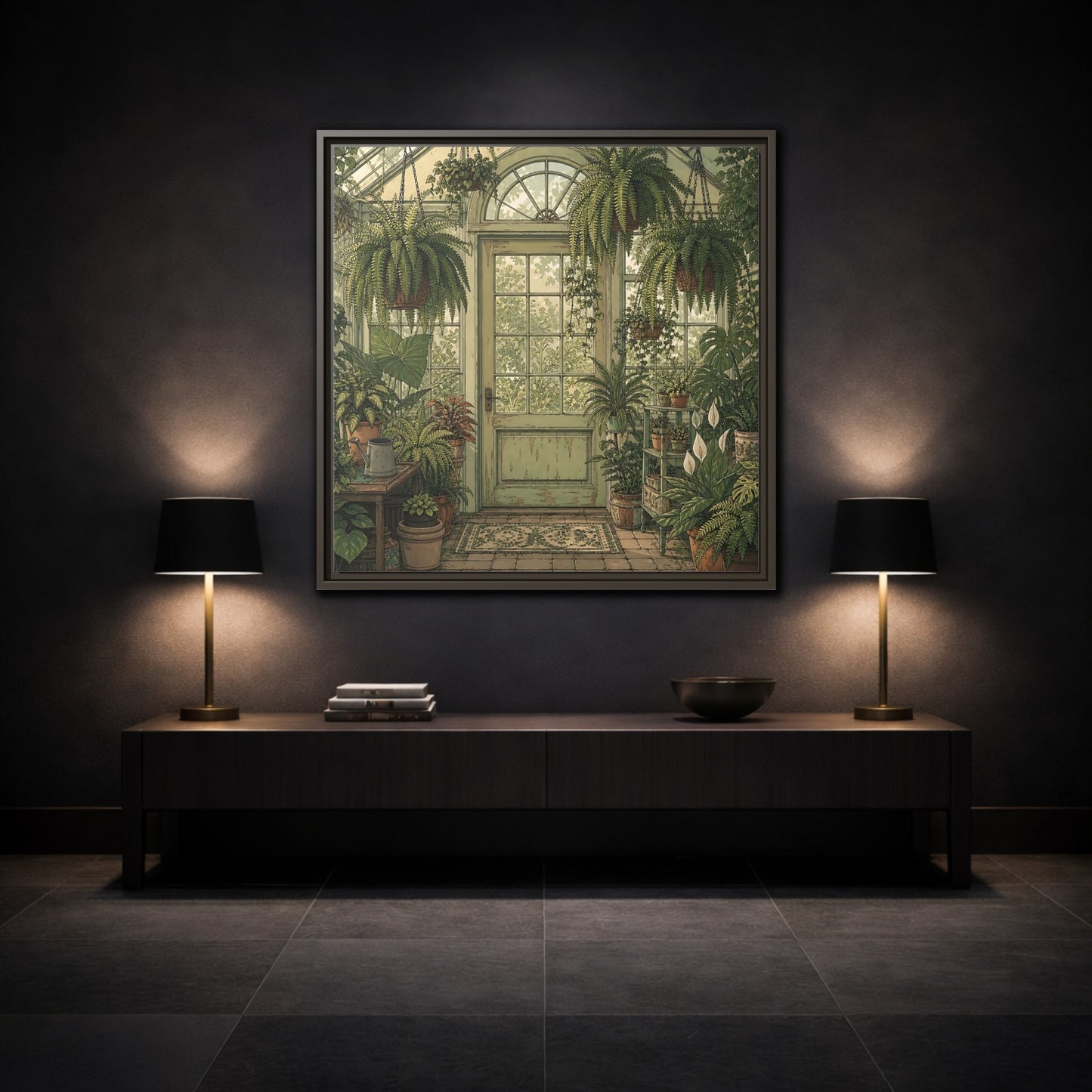 Mockup 3. Delicate Hand-Drawn Illustration Old Conservatory With Hanging Ferns shown as stretched canvas wall art