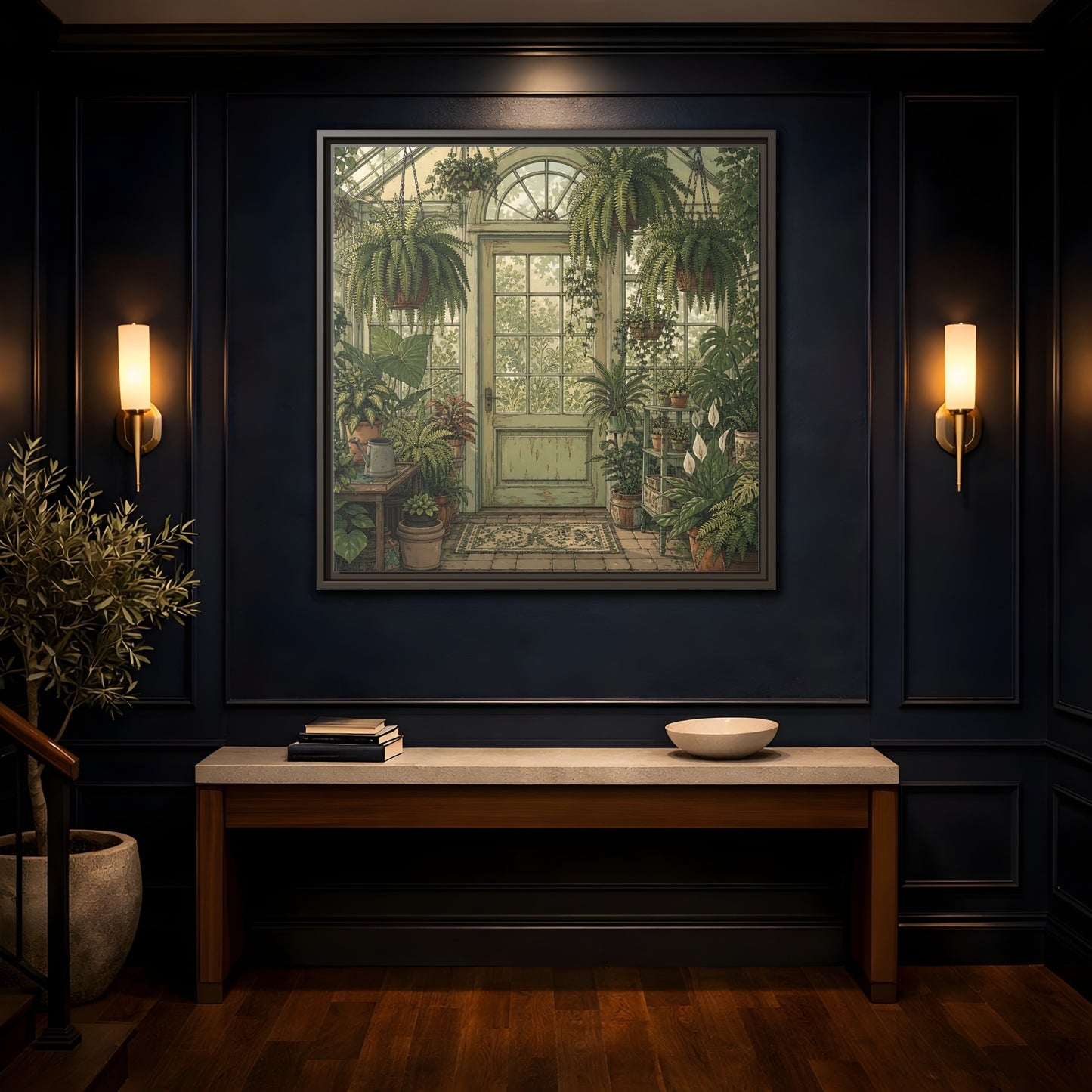 Mockup 4. Delicate Hand-Drawn Illustration Old Conservatory With Hanging Ferns shown as stretched canvas wall art