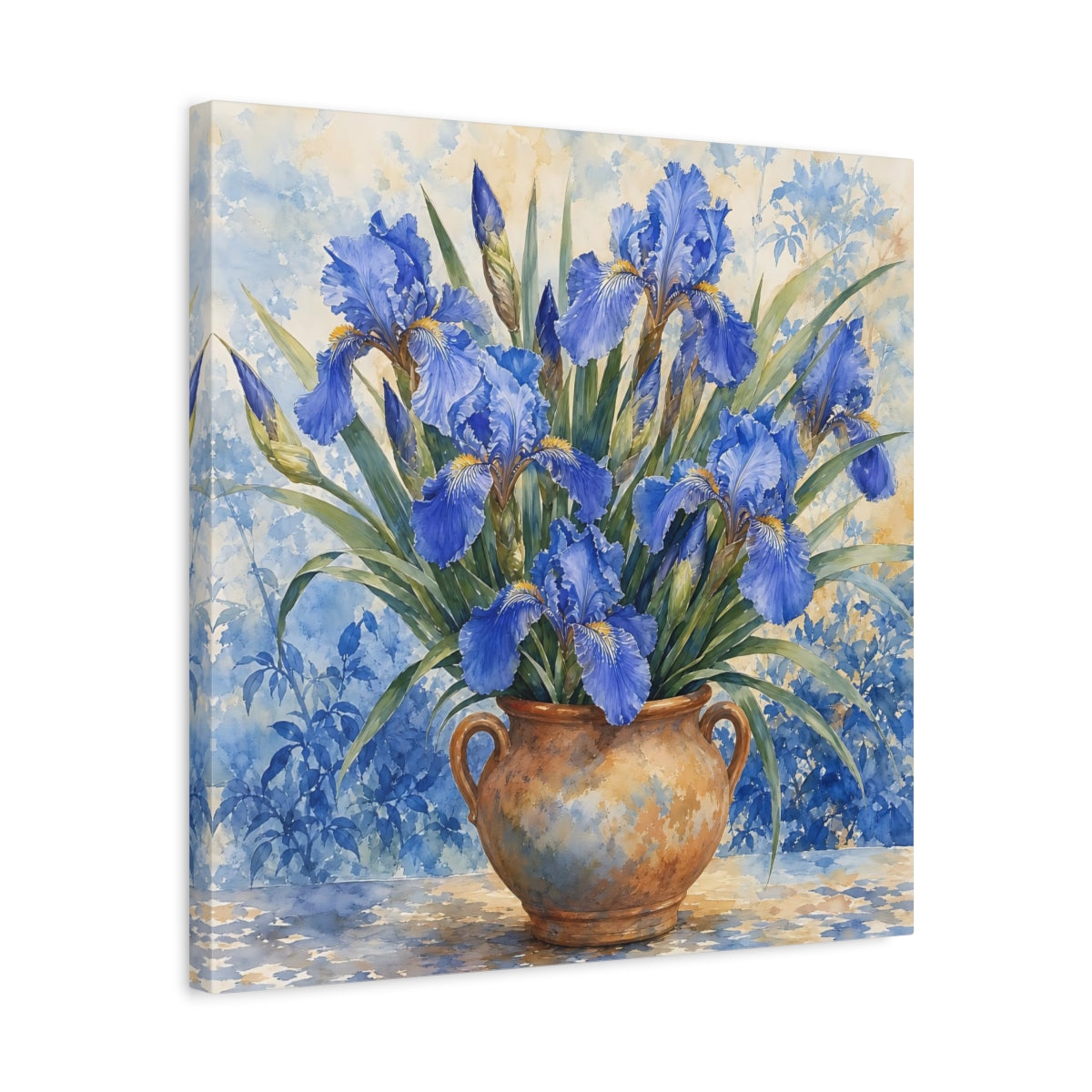 Side Mockup 5. Delicate Watercolor Painting Blue Irises In Clay Vase shown as stretched canvas wall art
