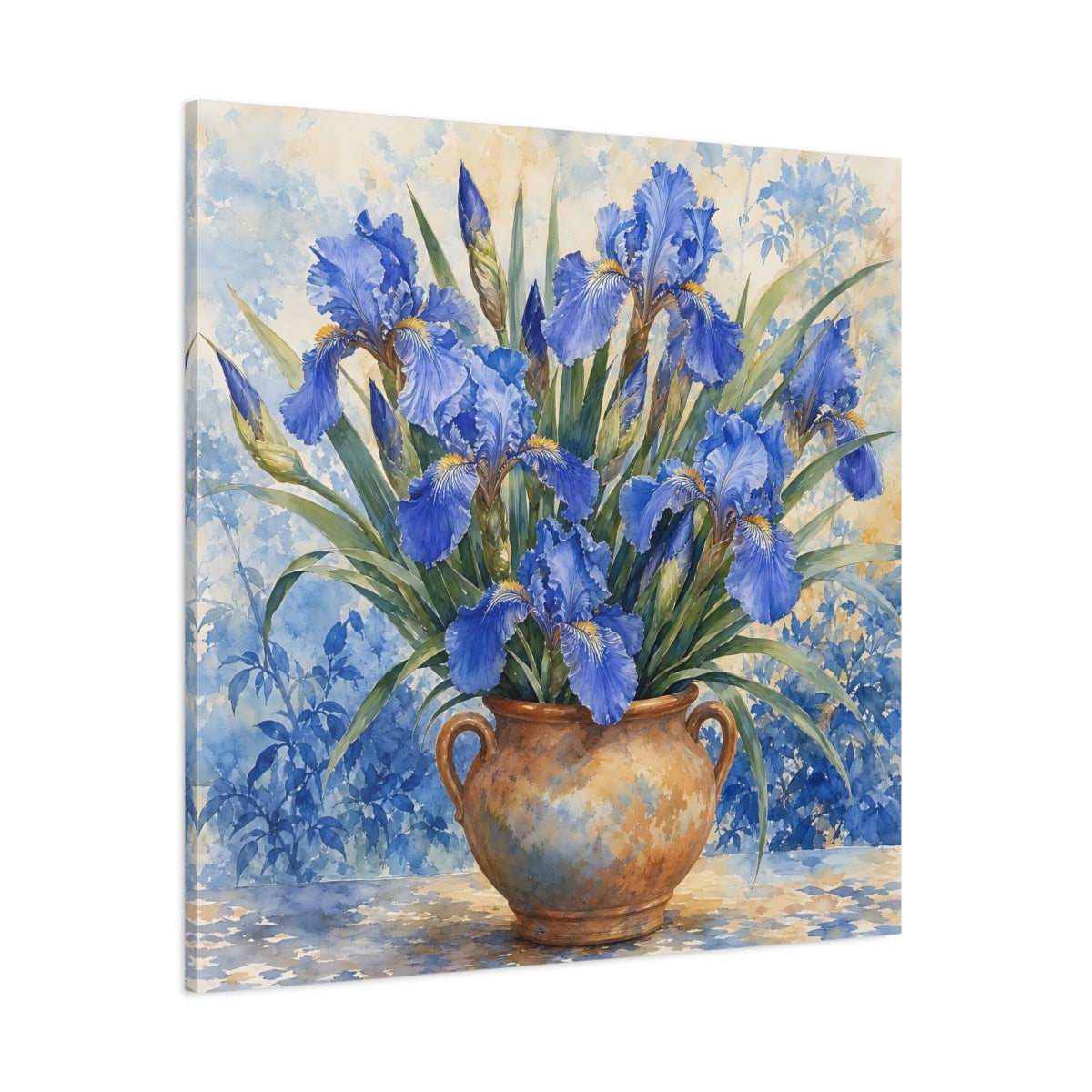 Side Mockup 1. Delicate Watercolor Painting Blue Irises In Clay Vase shown as stretched canvas wall art