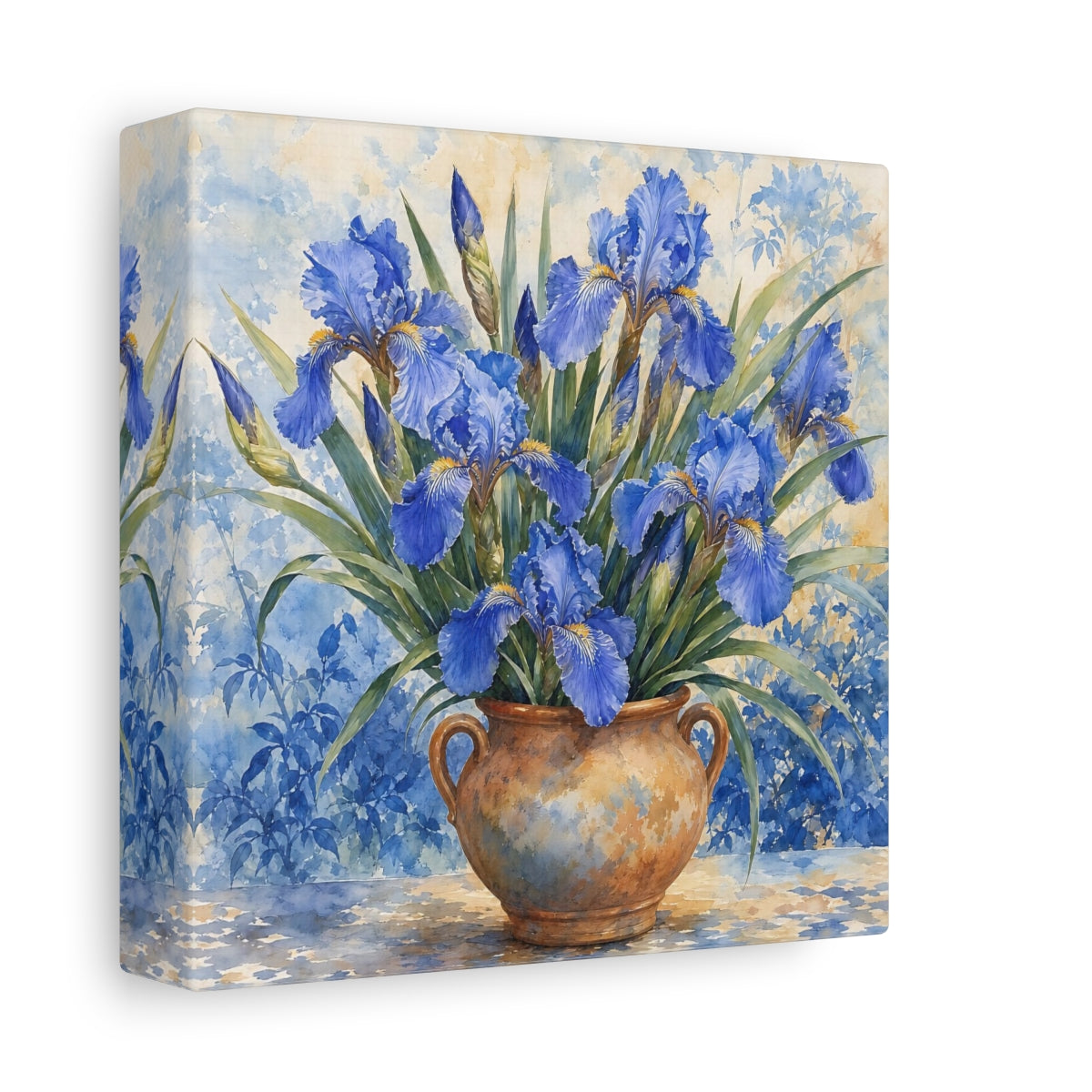 Side Mockup 2. Delicate Watercolor Painting Blue Irises In Clay Vase shown as stretched canvas wall art