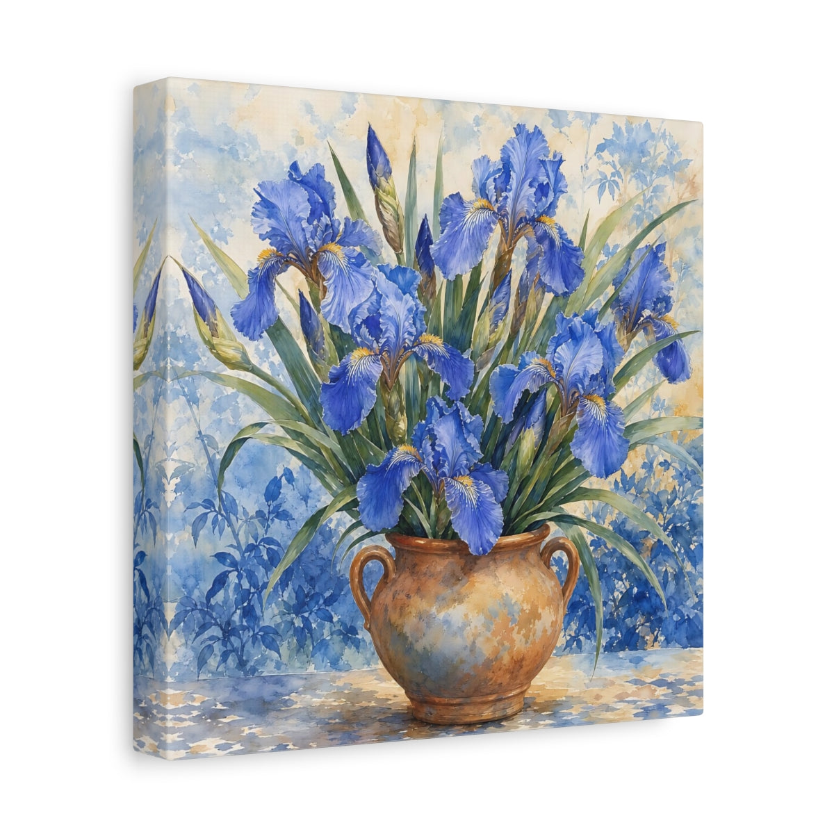Side Mockup 9. Delicate Watercolor Painting Blue Irises In Clay Vase shown as stretched canvas wall art